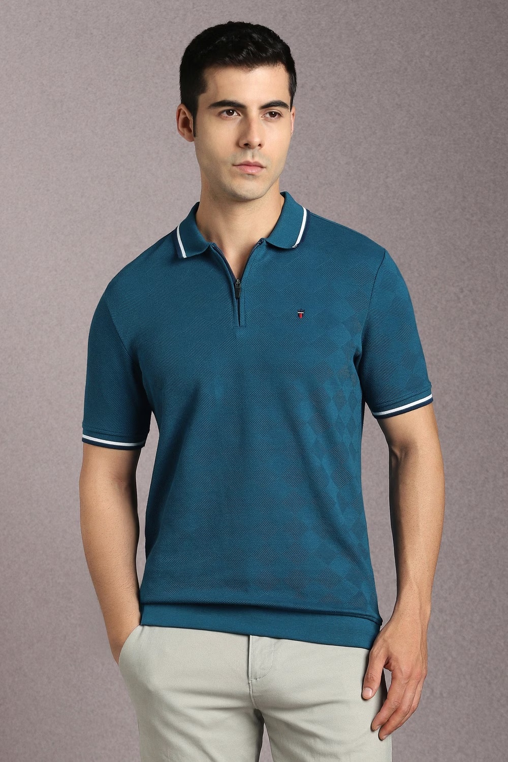 Men Blue Textured Polo Neck T-shirt-Blue