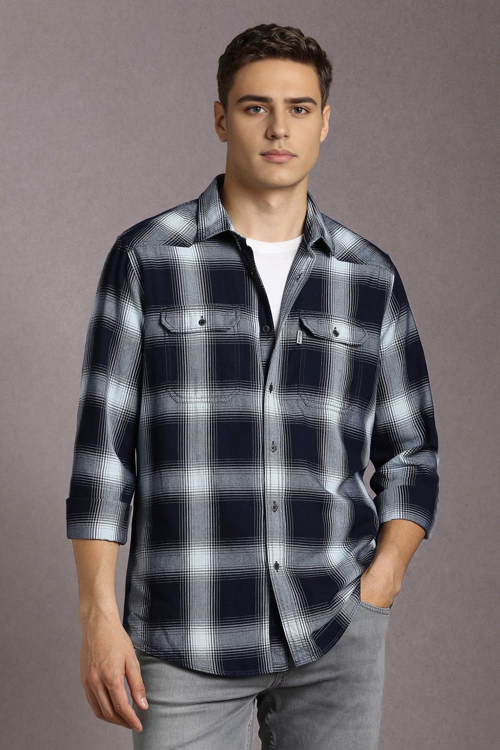 Men Navy Check Full Sleeves Casual Shirt-Navy