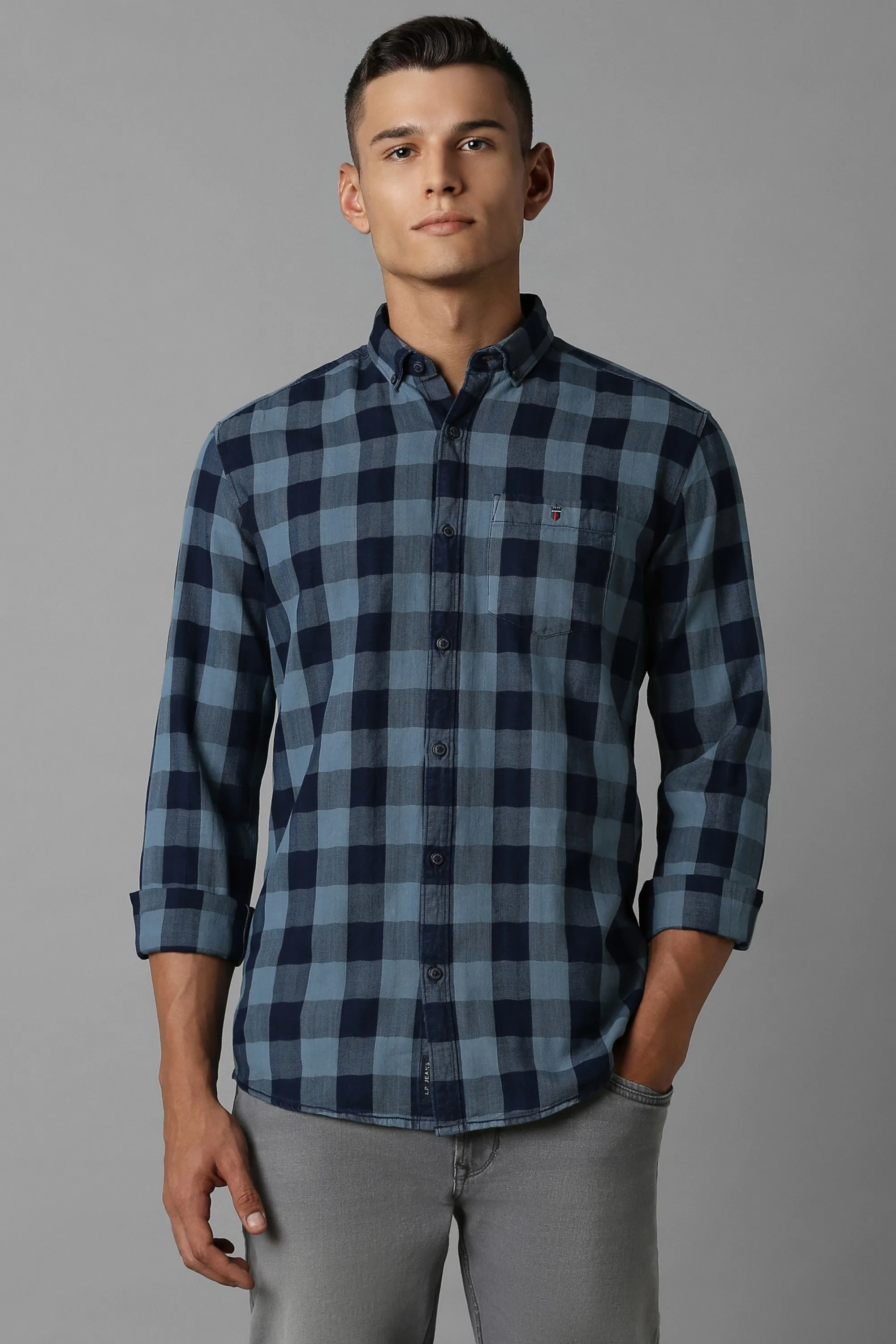 Men Blue Slim Fit Check Full Sleeves Casual Shirt-Blue