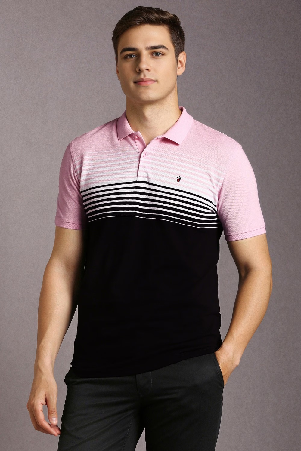 Men Black Stripe Polo Neck T-shirt-Black