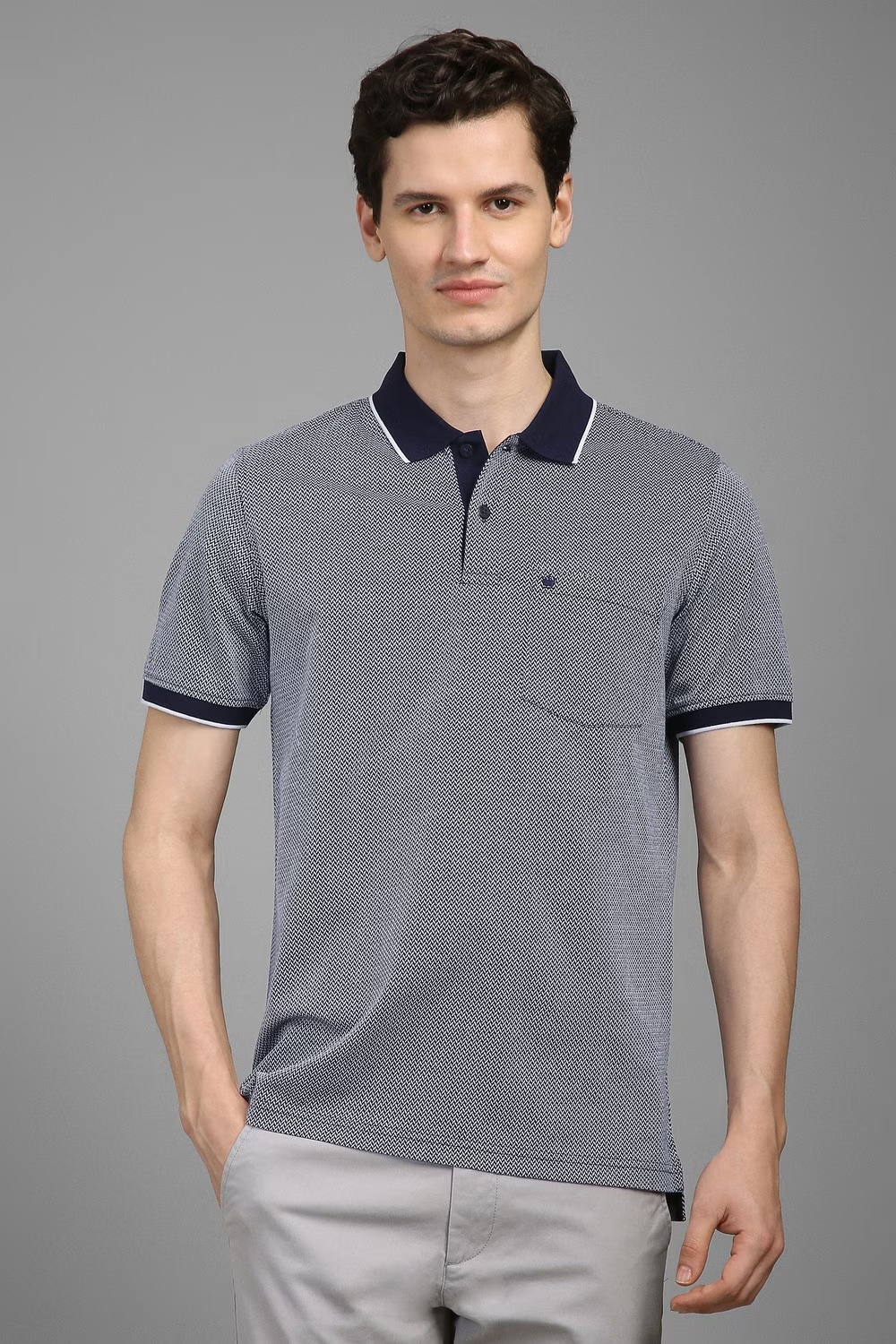 Men Navy Print Polo Neck T-shirt-Navy