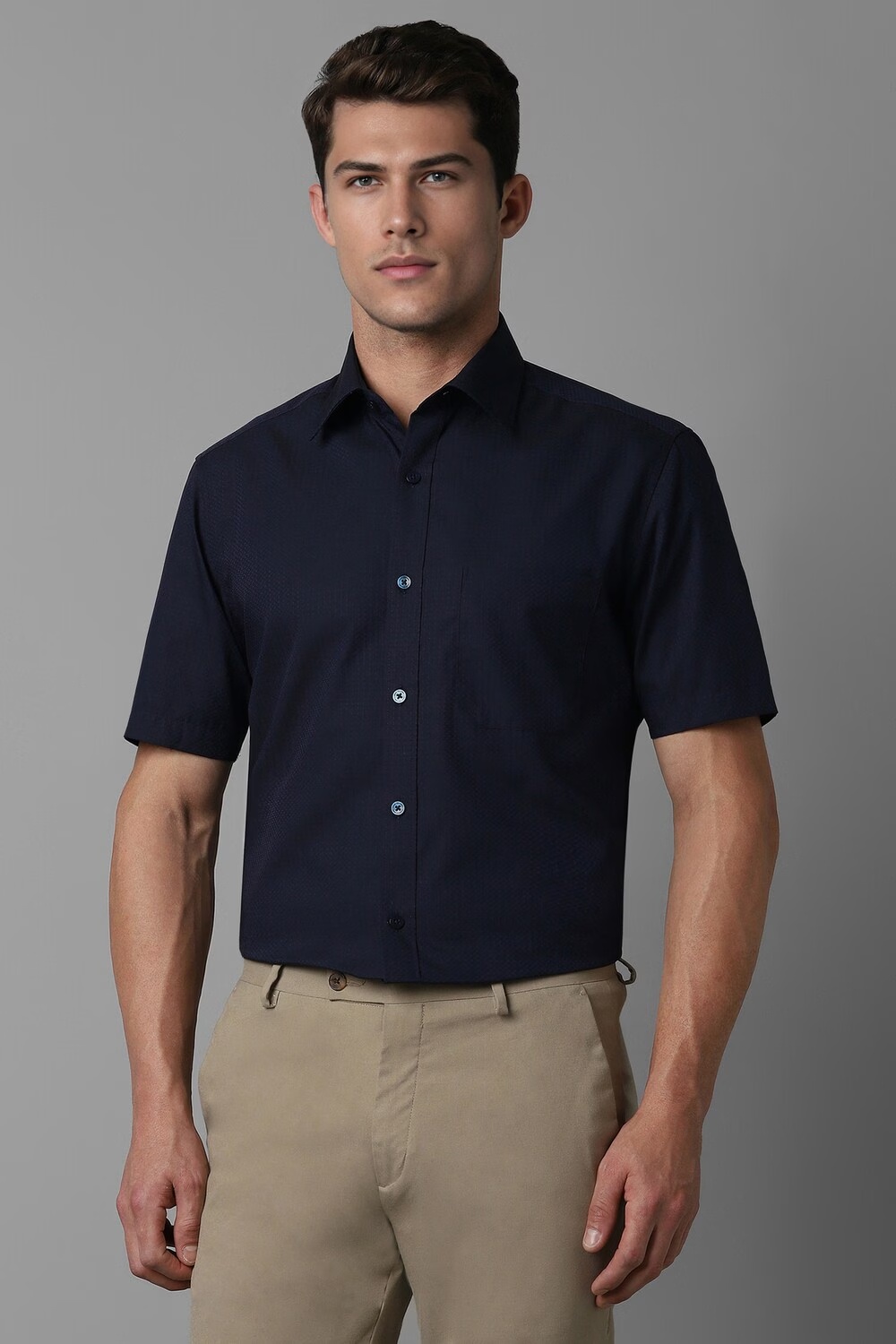 Men Navy Classic Fit Print Half Sleeves Formal Shirt-Navy