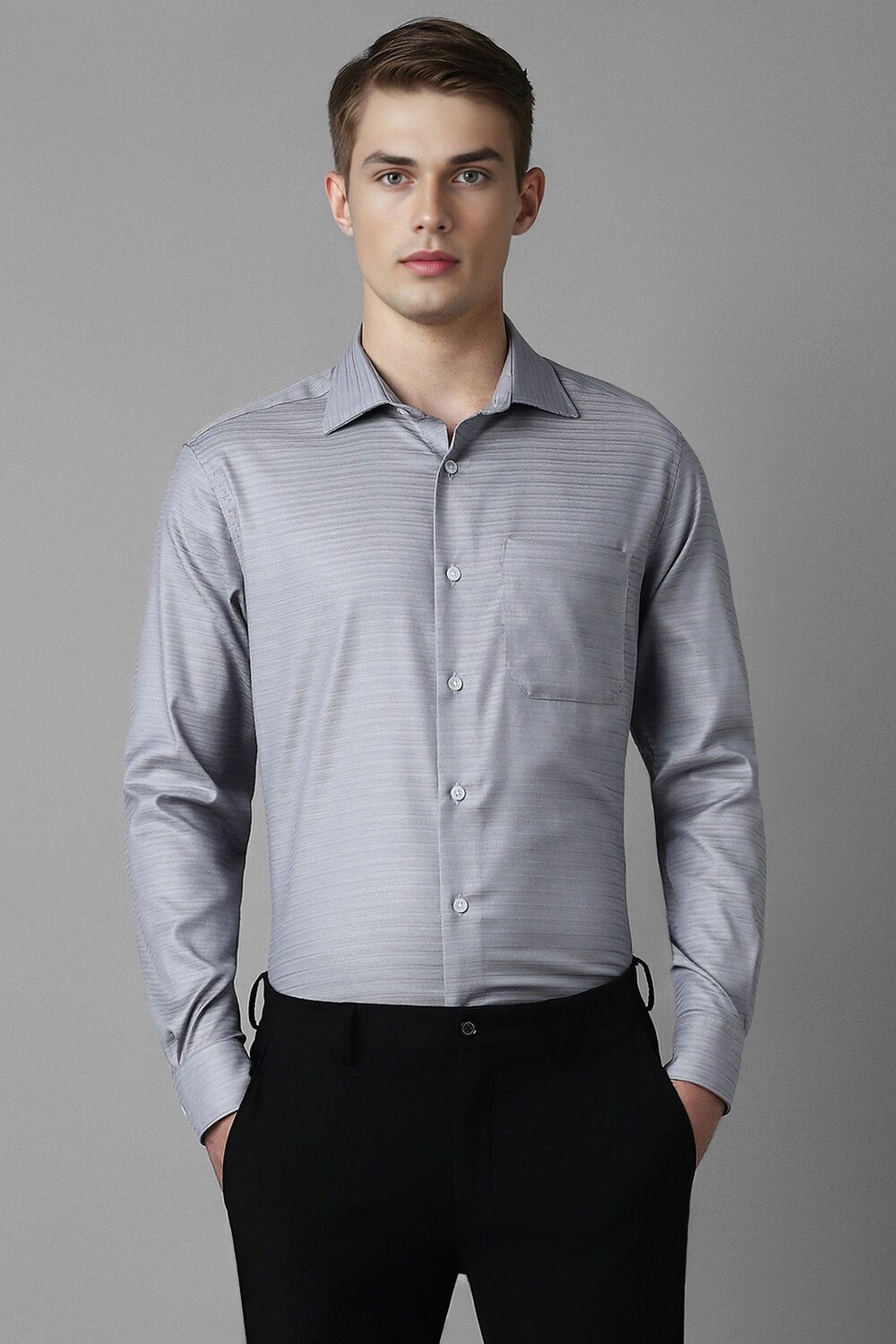 Men Grey Classic Fit Textured Full Sleeves Formal Shirt-Grey