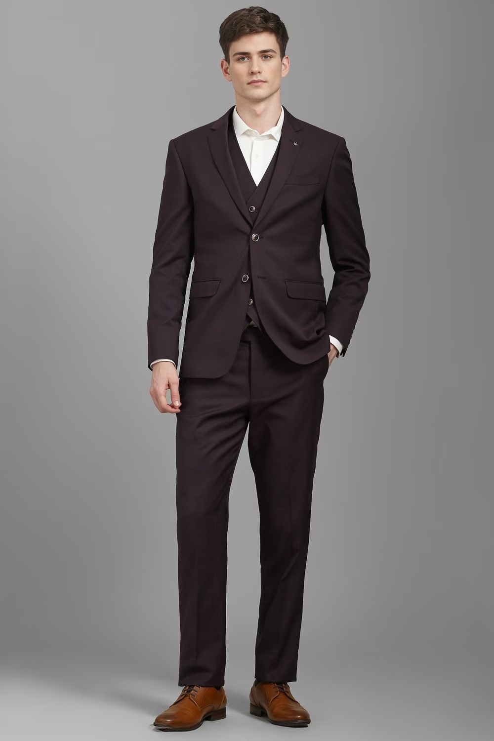 Men Brown Slim Fit Textured Formal Three Piece Suit-Brown