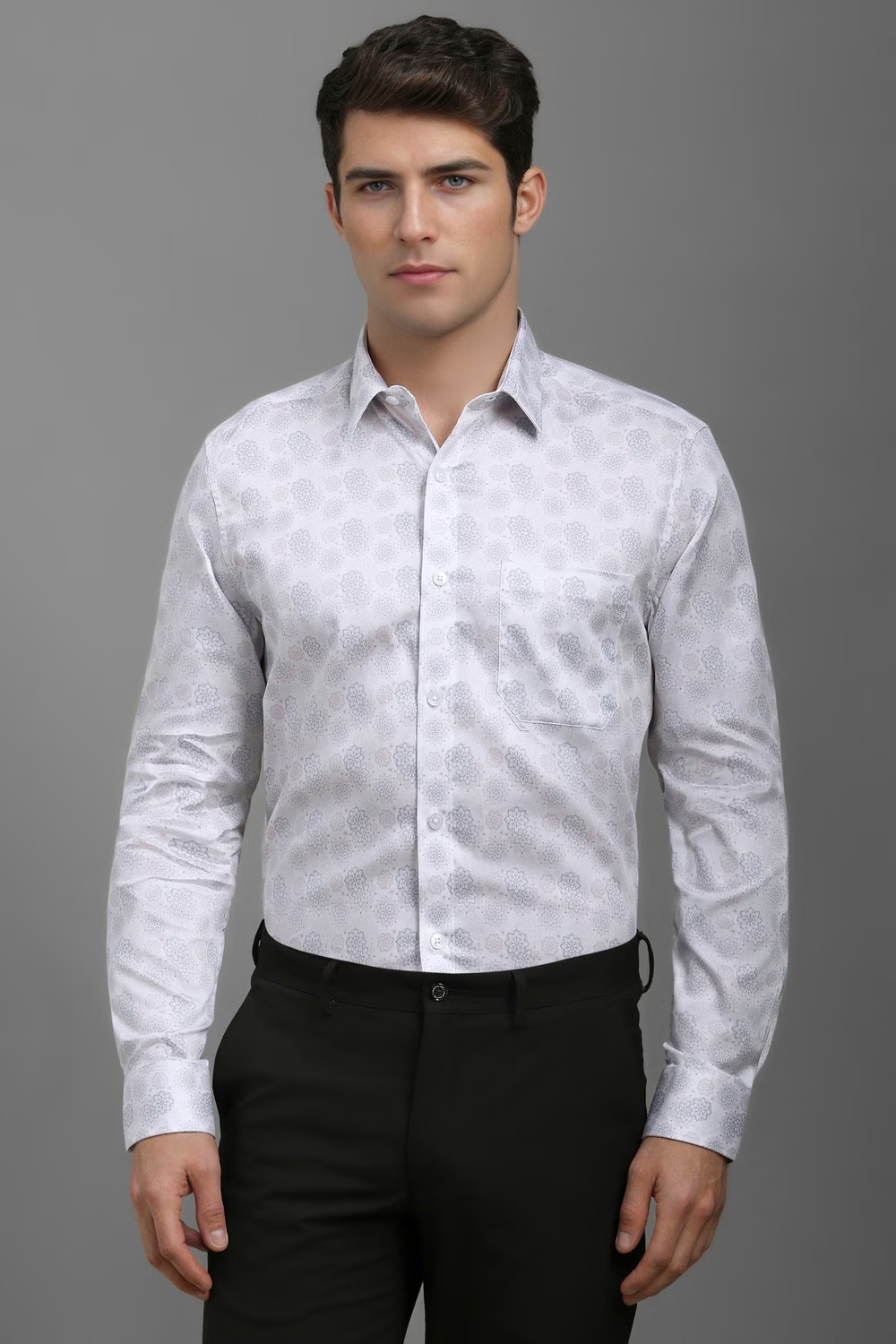 Men White Classic Fit Print Full Sleeves Formal Shirt-White
