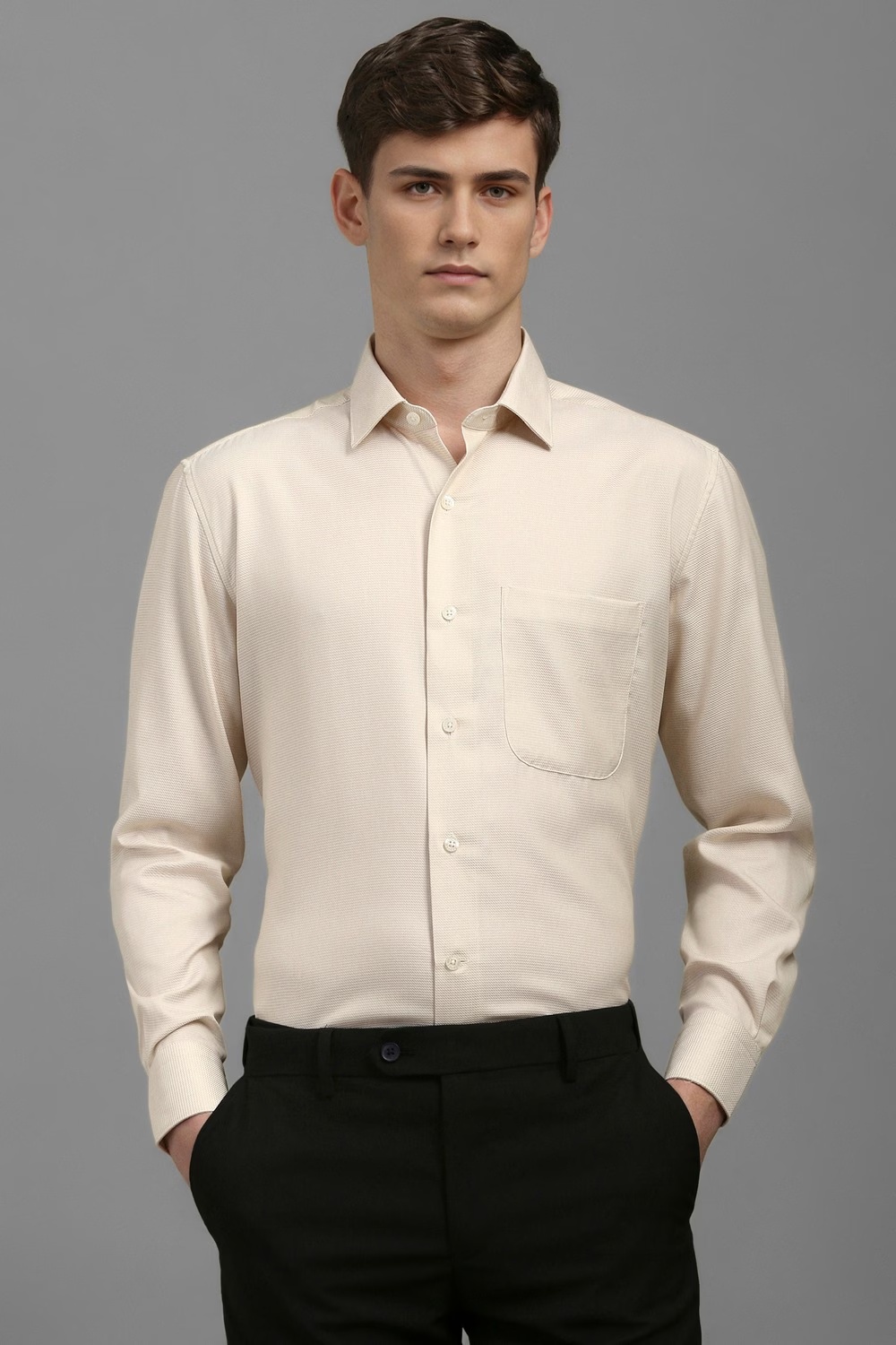 Men Beige Classic Fit Textured Full Sleeves Formal Shirt-Beige