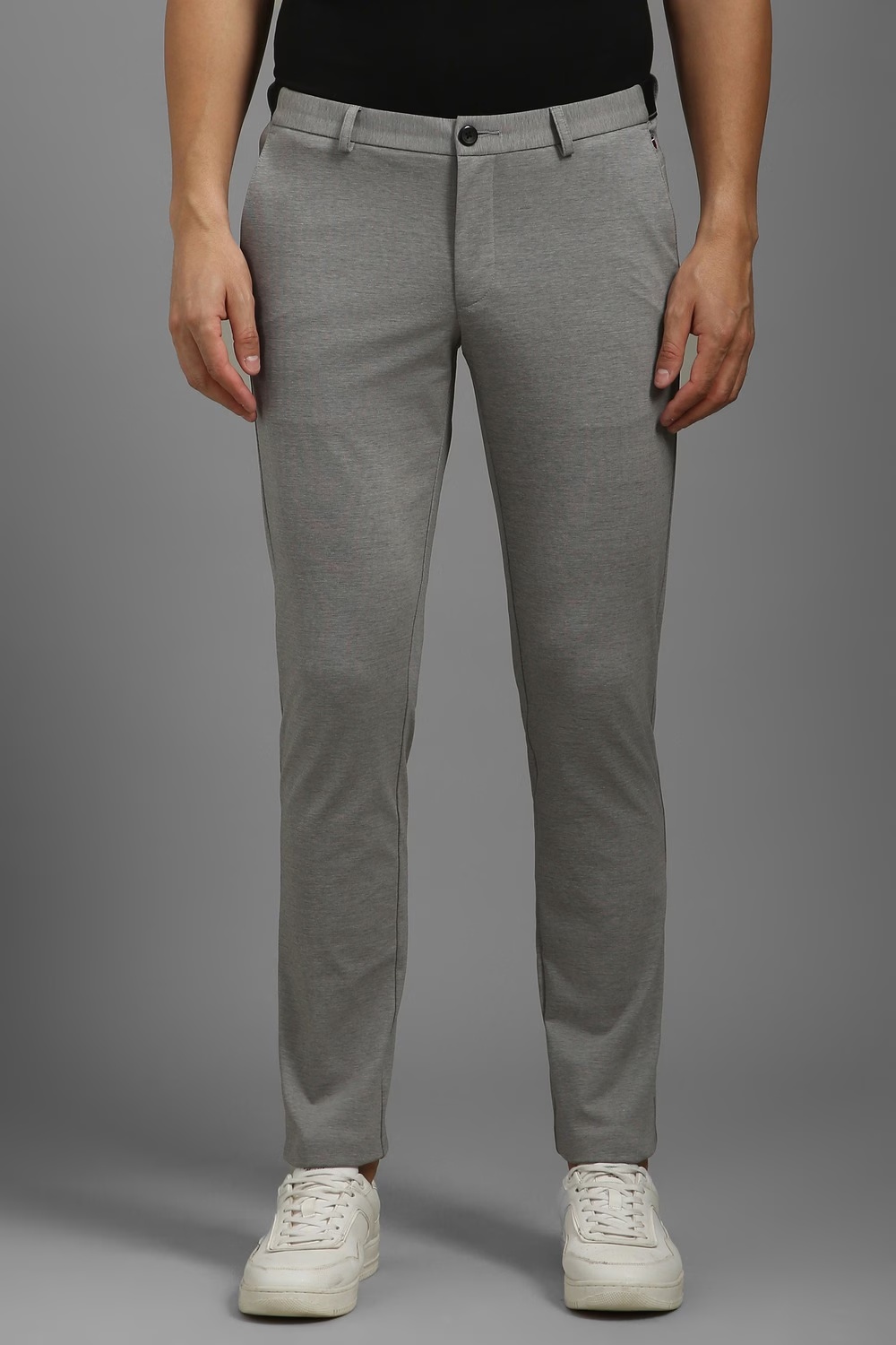Men Grey Contemporary Fit Textured Flat Front Casual Trousers-Grey