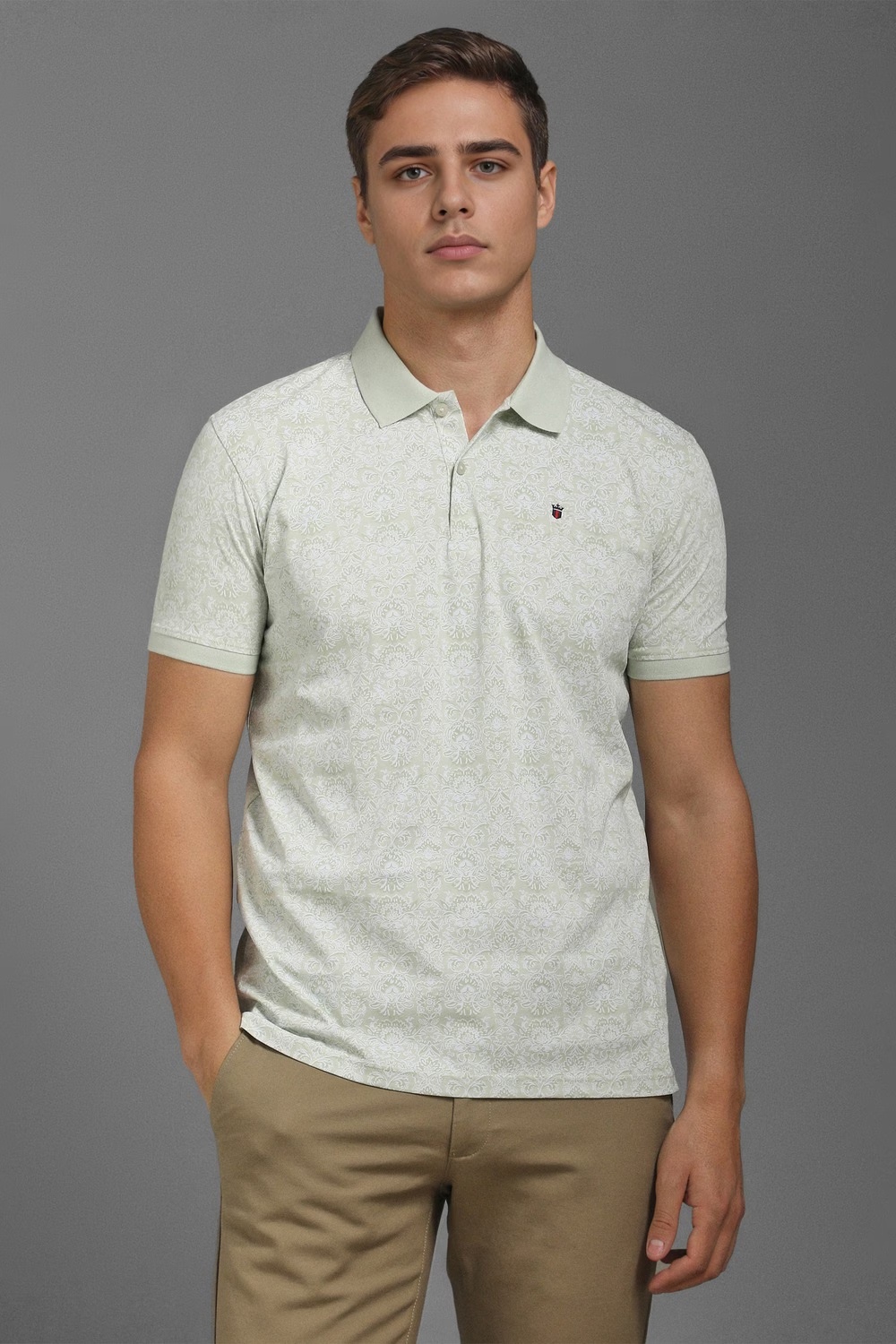 Men Green Print Polo Neck T-shirt-Green