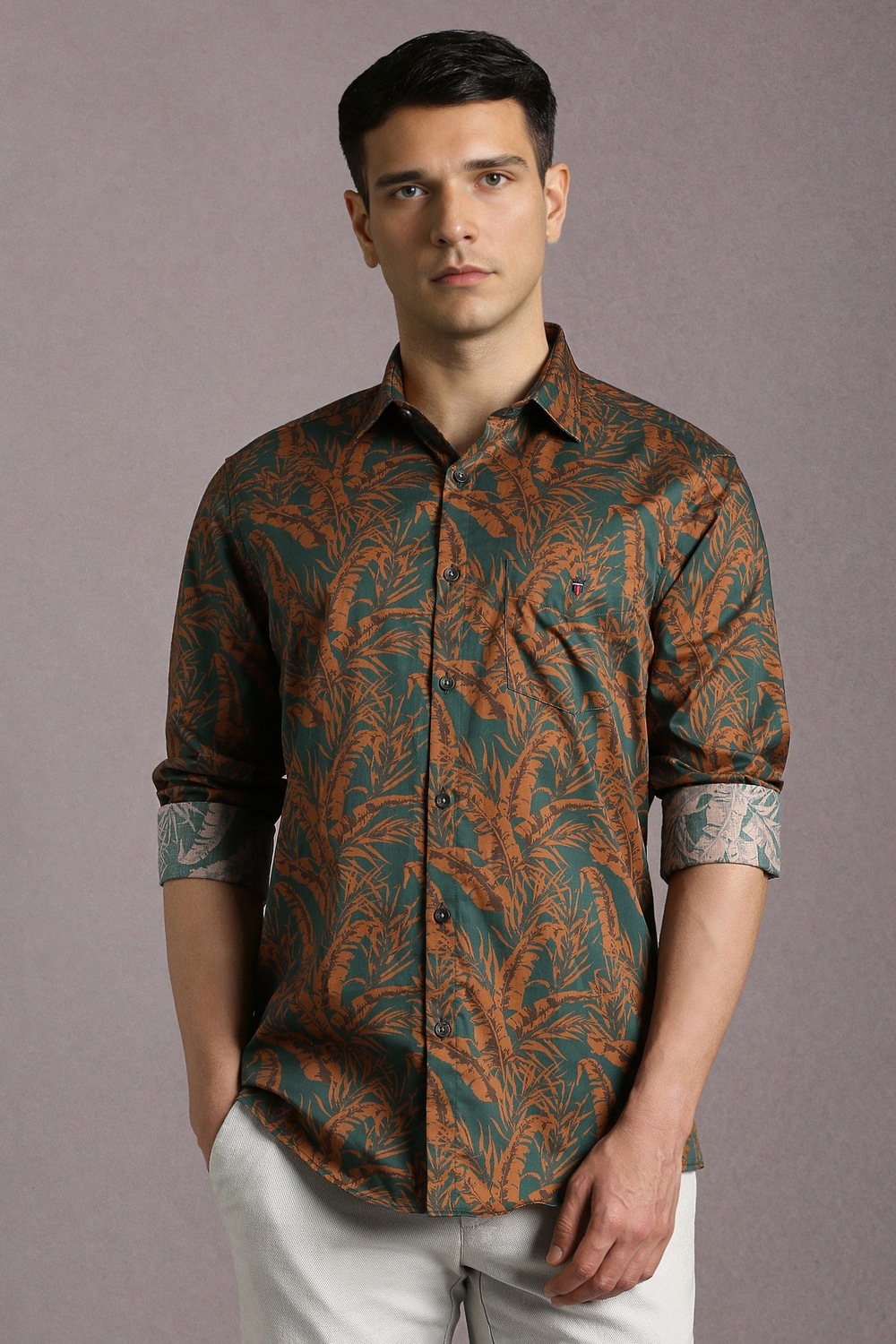 Men Green Print Full Sleeves Casual Shirt-Green