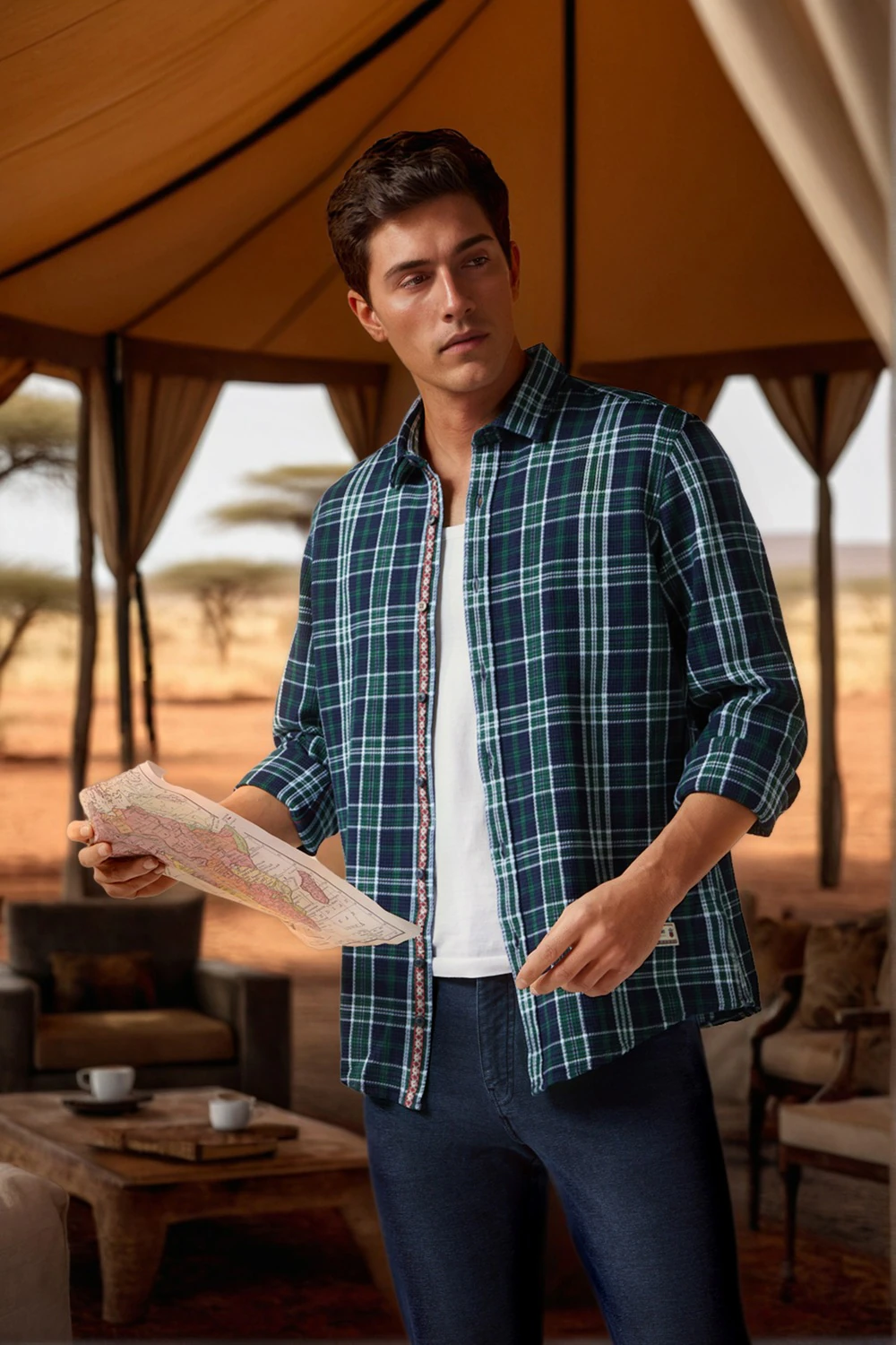 Men Navy Slim Fit Check Full Sleeves Casual Shirt-Navy