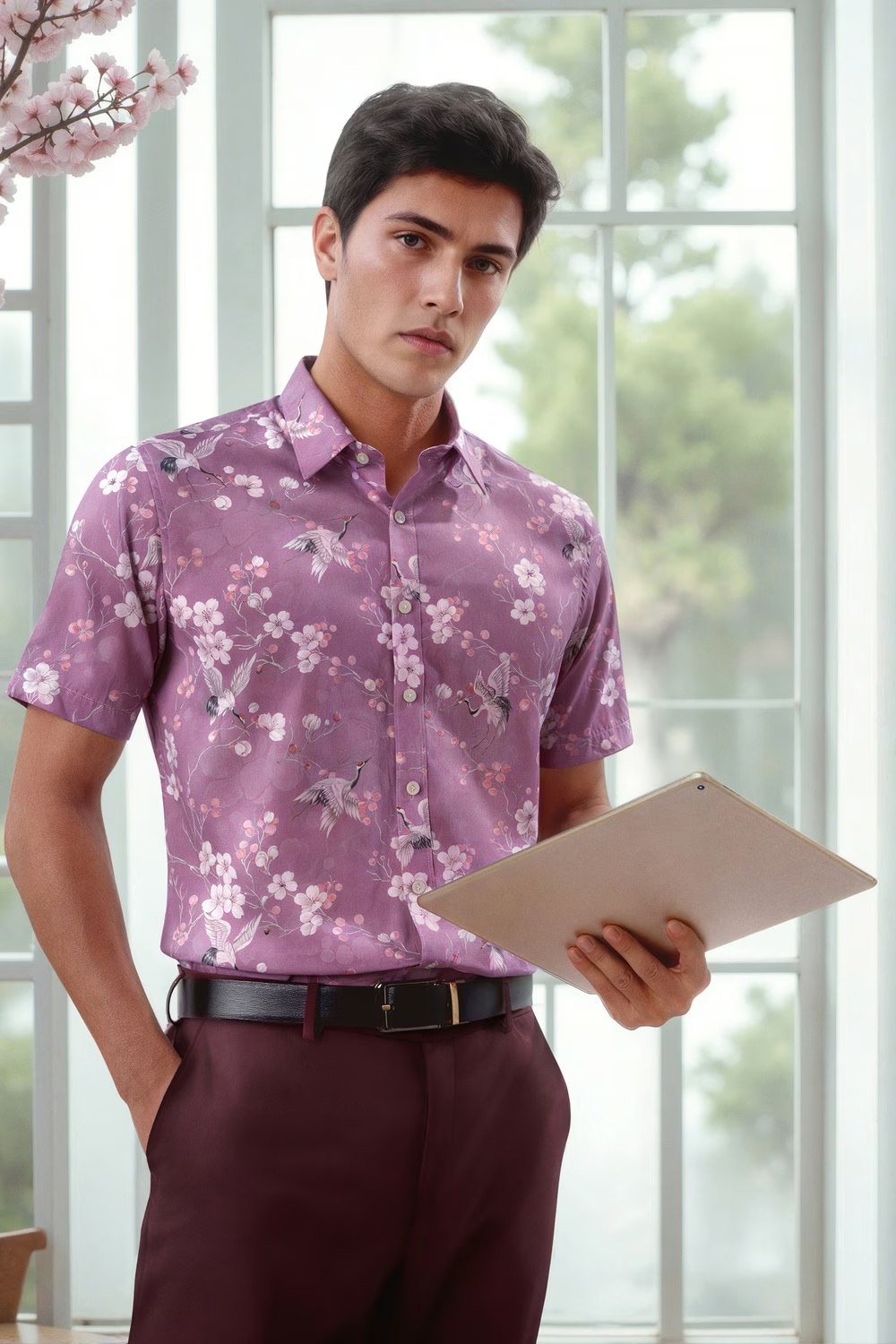 Men Purple Slim Fit Print Half Sleeves Formal Shirt-Purple