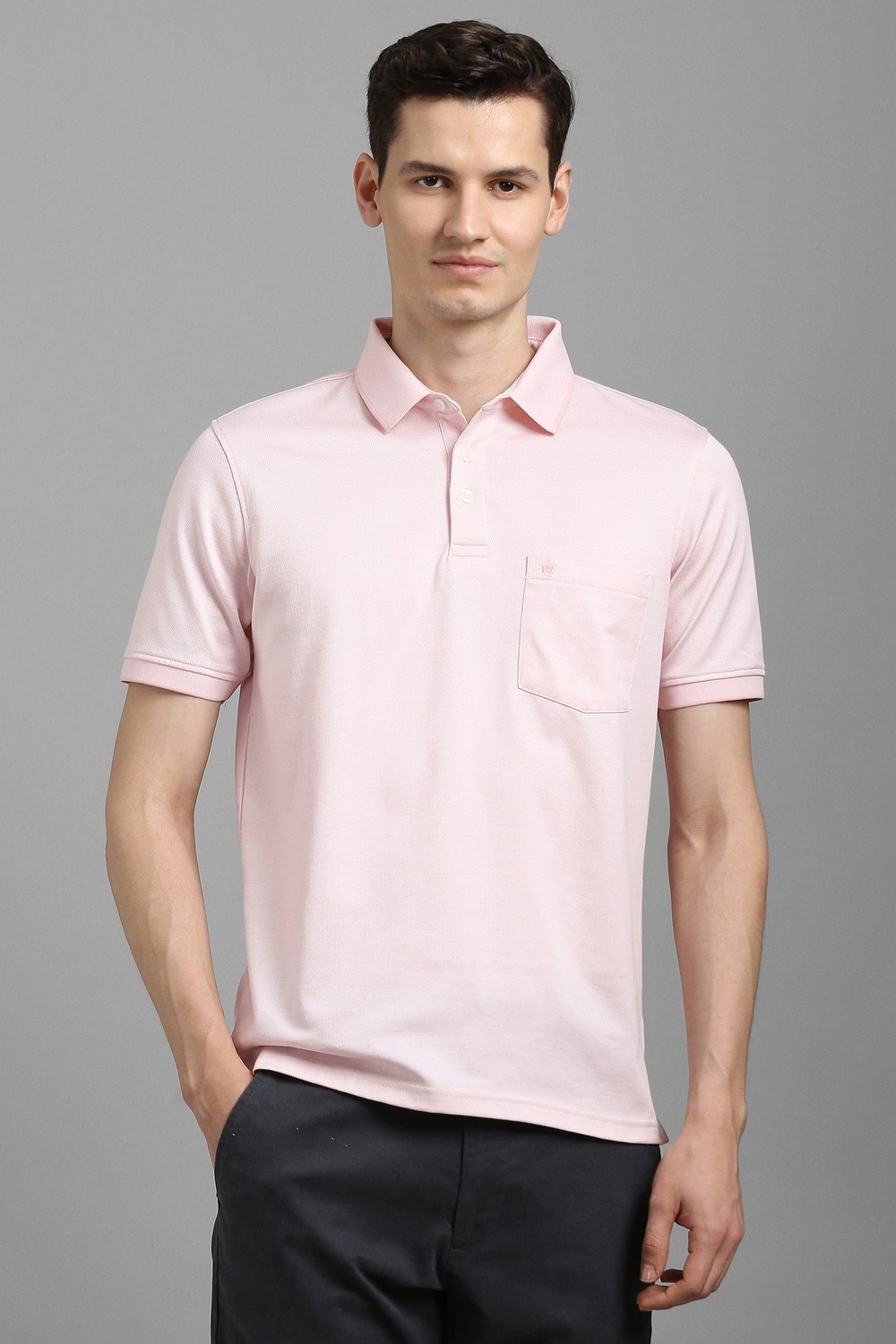 Men Pink Textured Polo Neck T-shirt-Pink