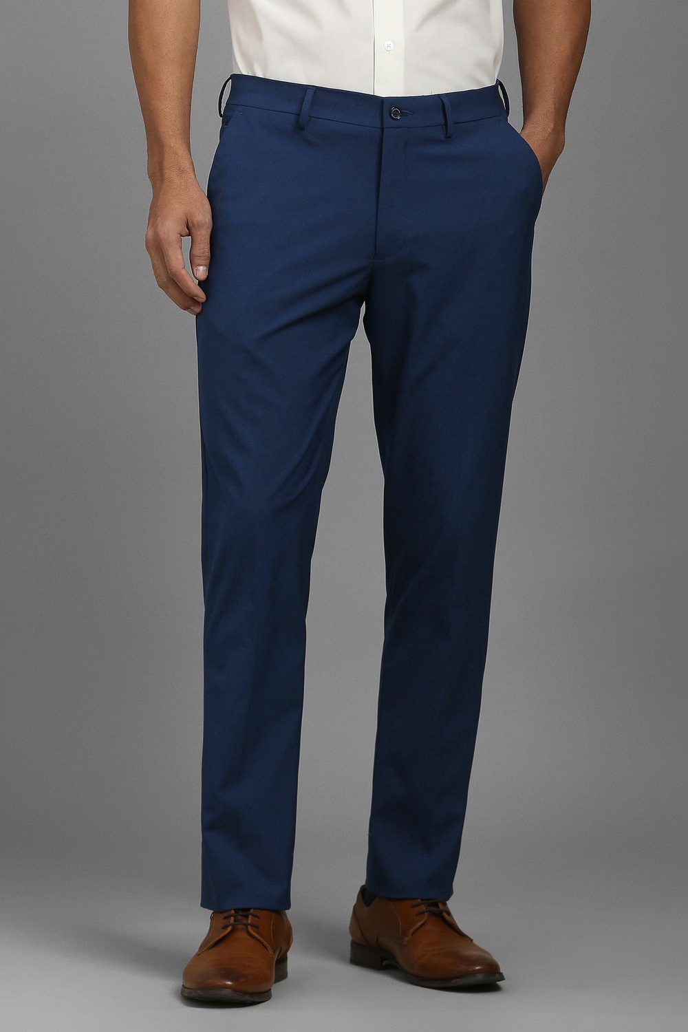 Men Blue Solid Flat Front Formal Trousers-Blue