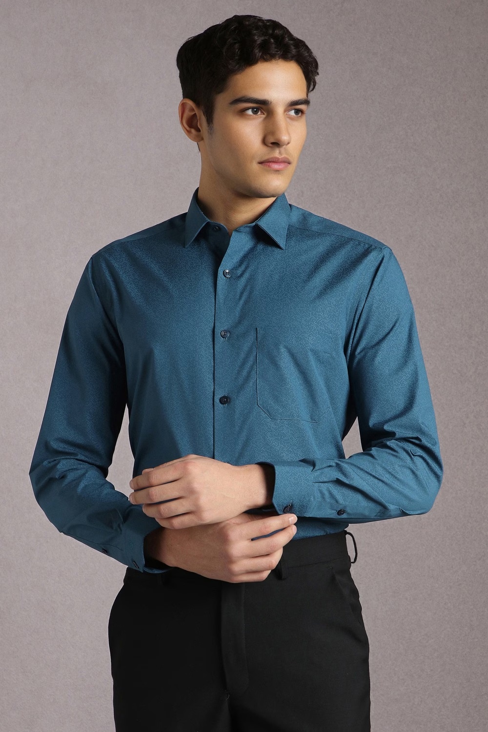 Men Blue Print Full Sleeves Formal Shirt-Blue