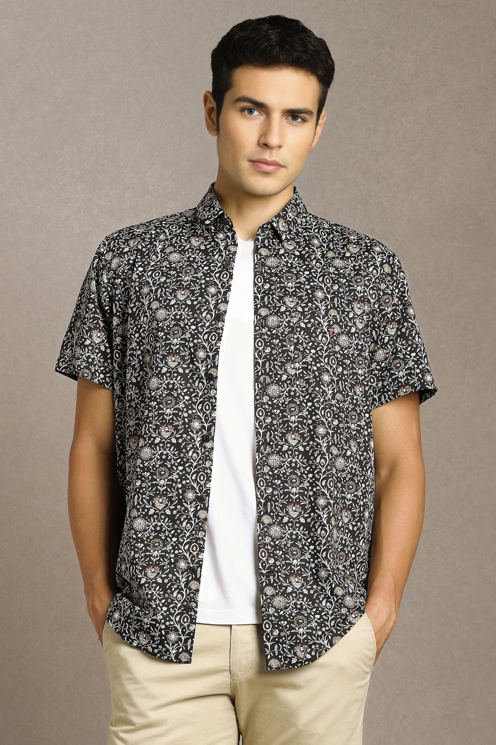 Men Black Print Half Sleeves Casual Shirt-Black