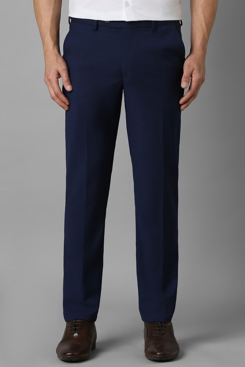 Men Navy Slim Fit Check Flat Front Formal Trousers-Navy