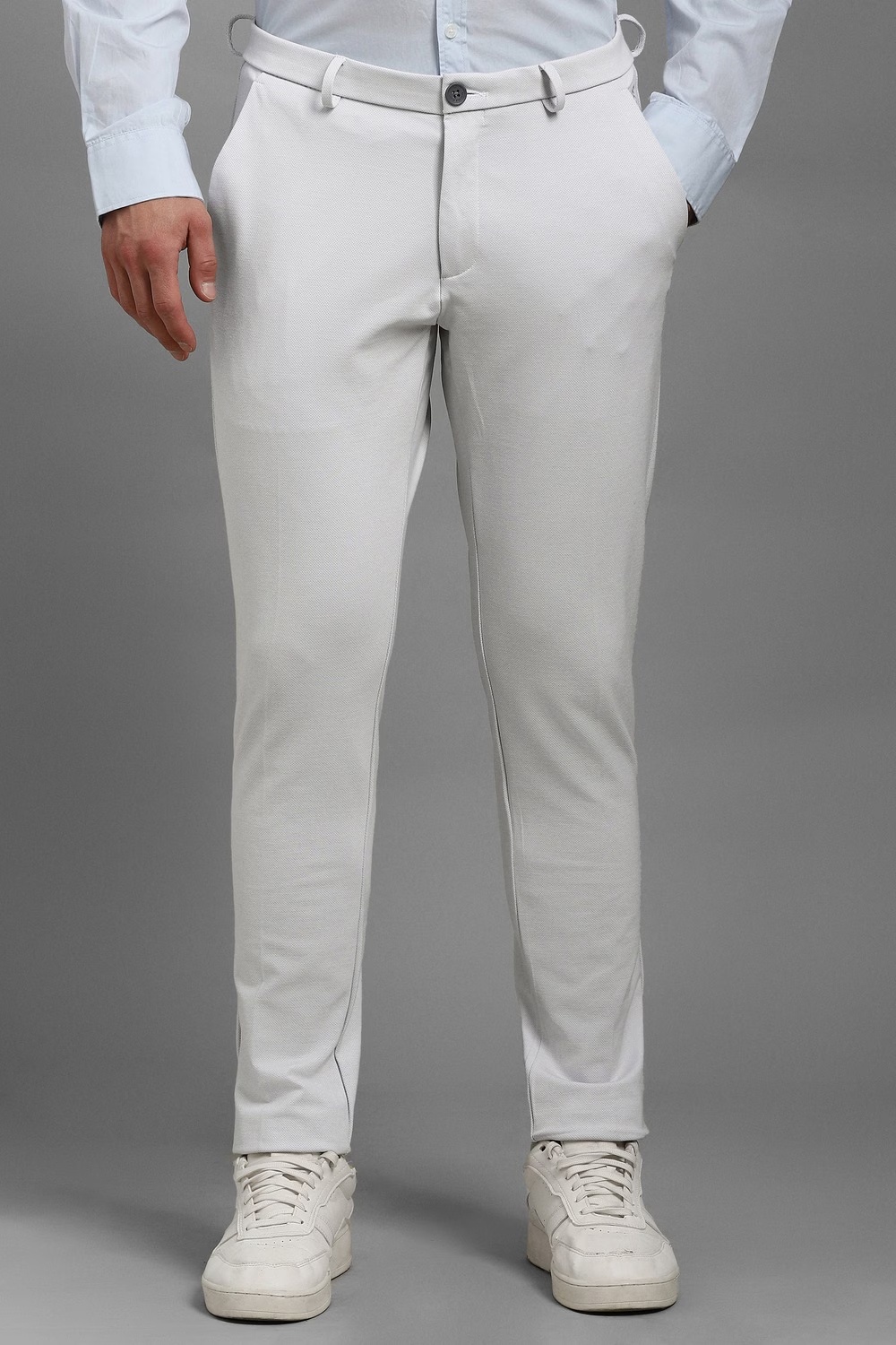 Men White Textured Flat Front Casual Trousers-White