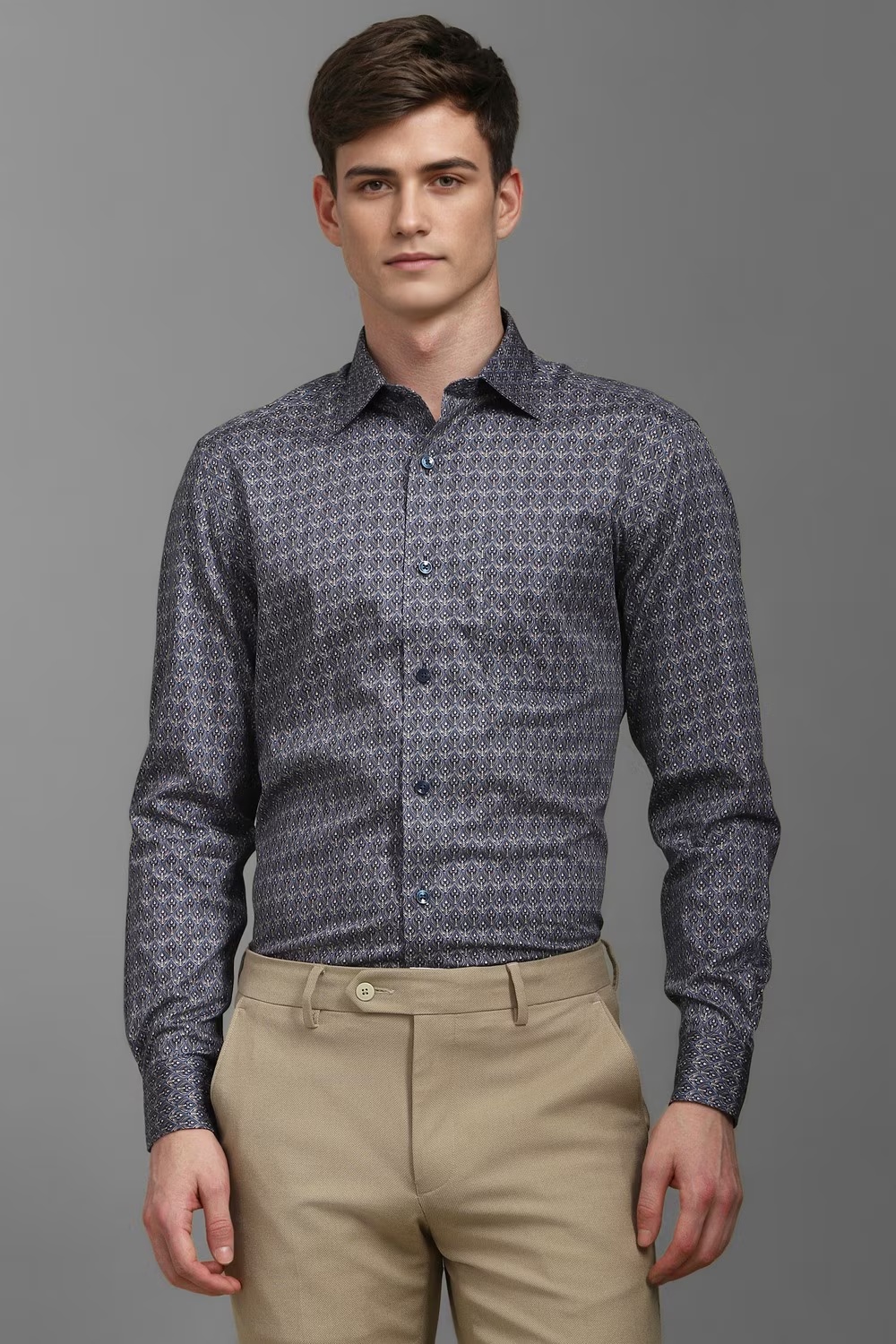 Men Grey Classic Fit Print Full Sleeves Formal Shirt-Grey