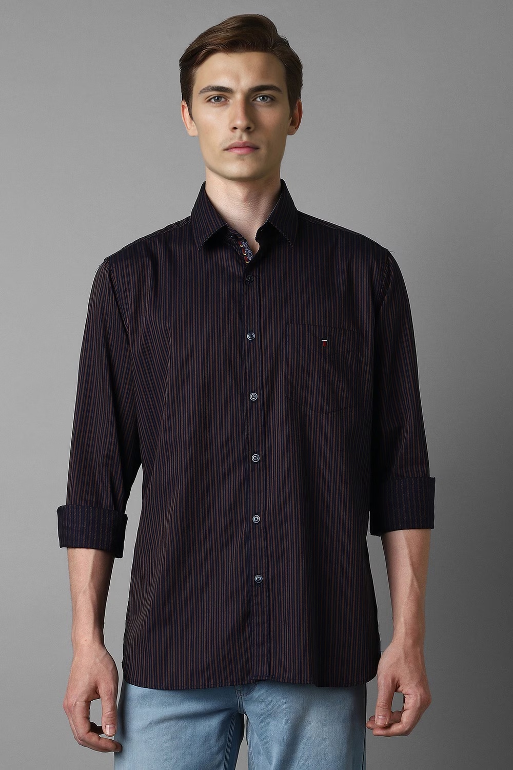 Men Navy Super Slim Fit Stripe Full Sleeves Casual Shirt-Navy