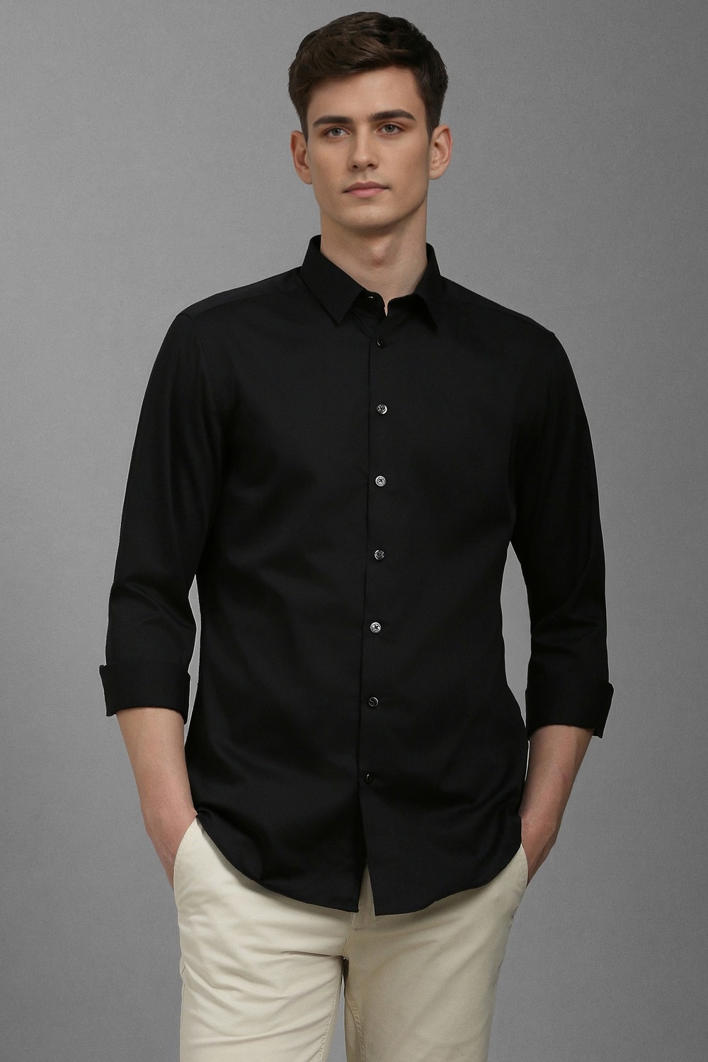 Men Black Classic Fit Solid Full Sleeves Casual Shirt-Black