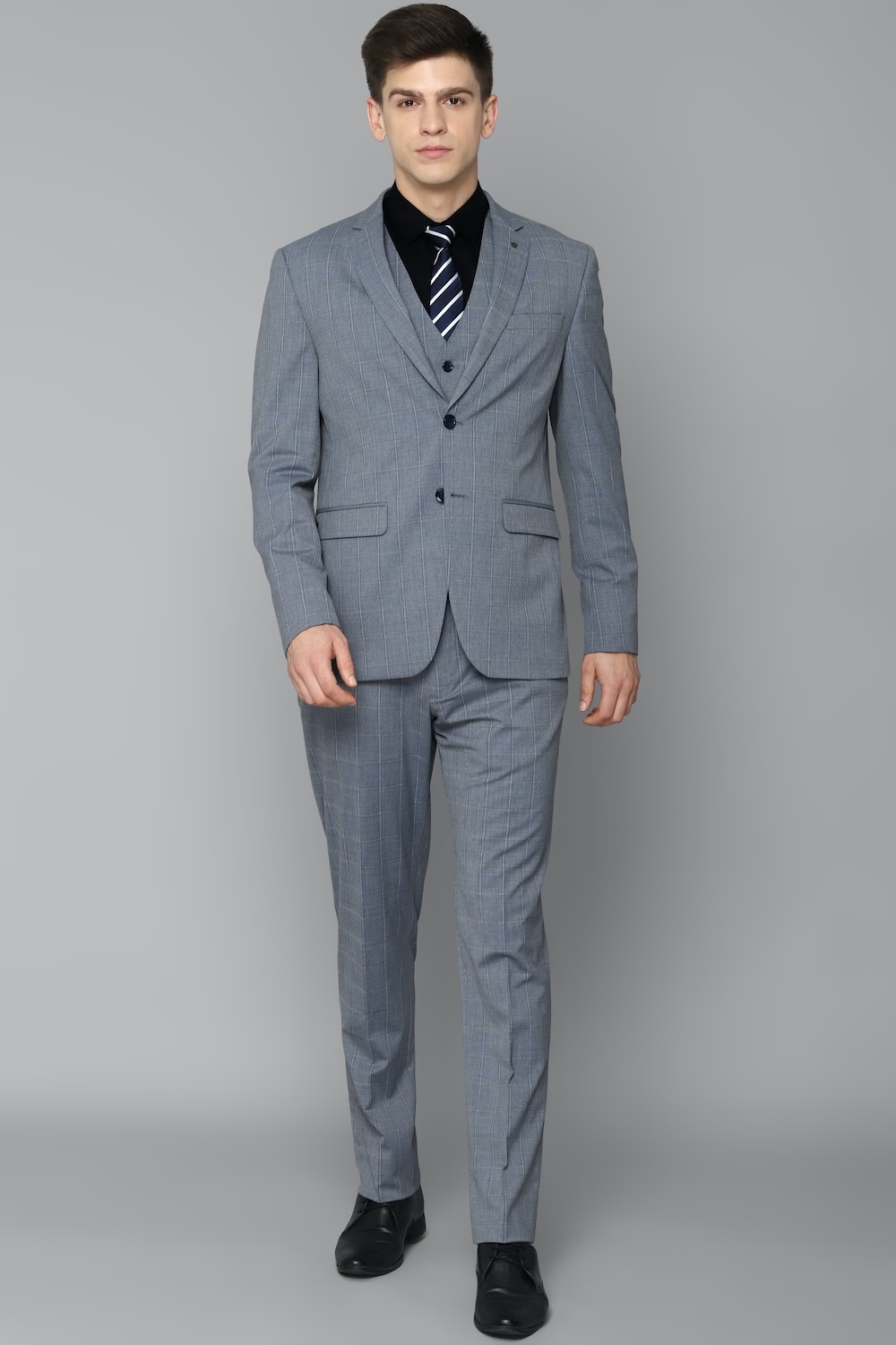 Men Grey Slim Fit Check Formal Three Piece Suit-Grey