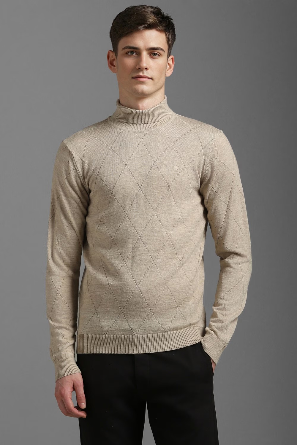 Men Beige Argyle Turtle Neck Full Sleeves Sweater-Beige