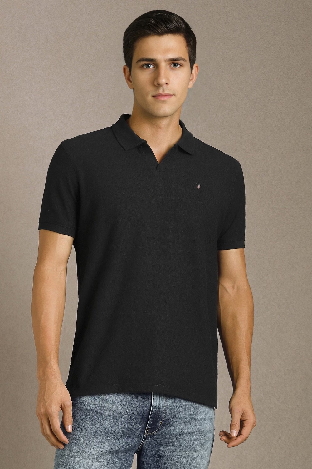 Men Black Textured Polo Neck T-shirt-Black