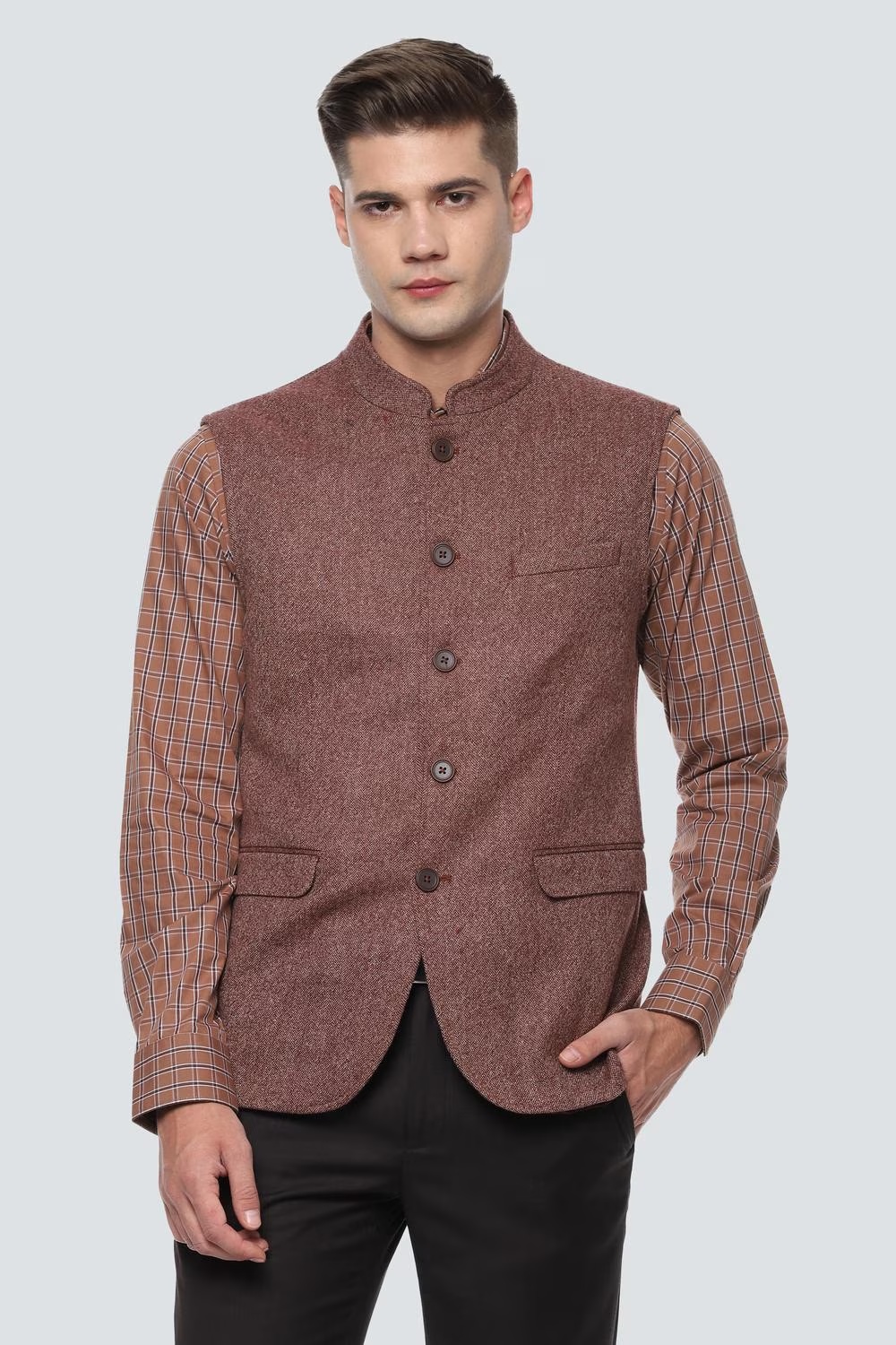 Men Brown Textured Slim Fit Business Casual Nehru Jacket-Brown