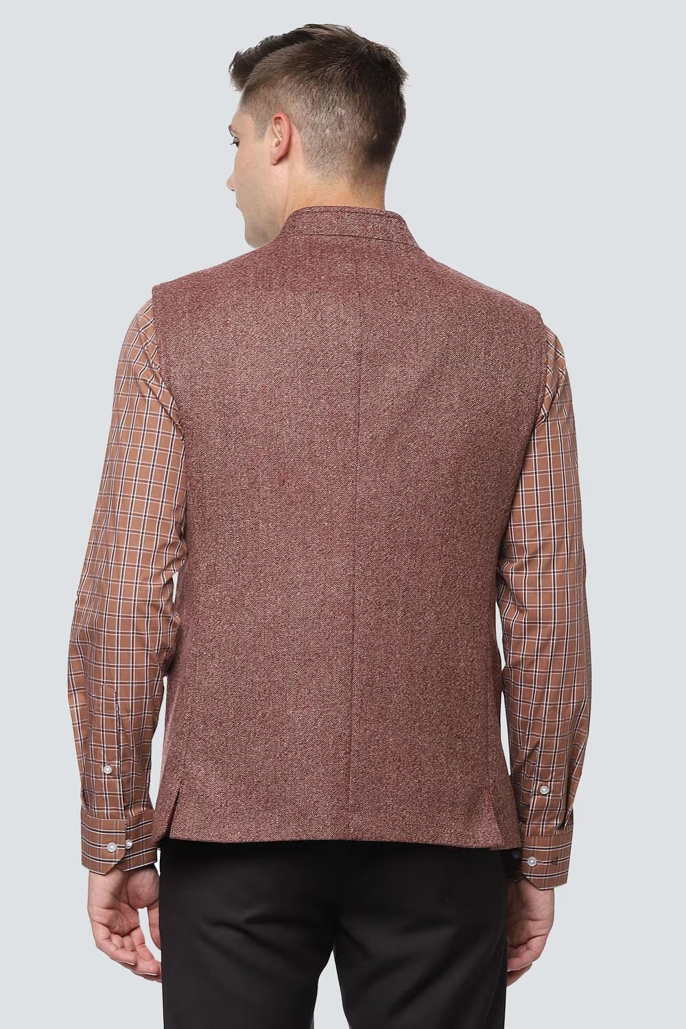 Men Brown Textured Slim Fit Business Casual Nehru Jacket-Brown