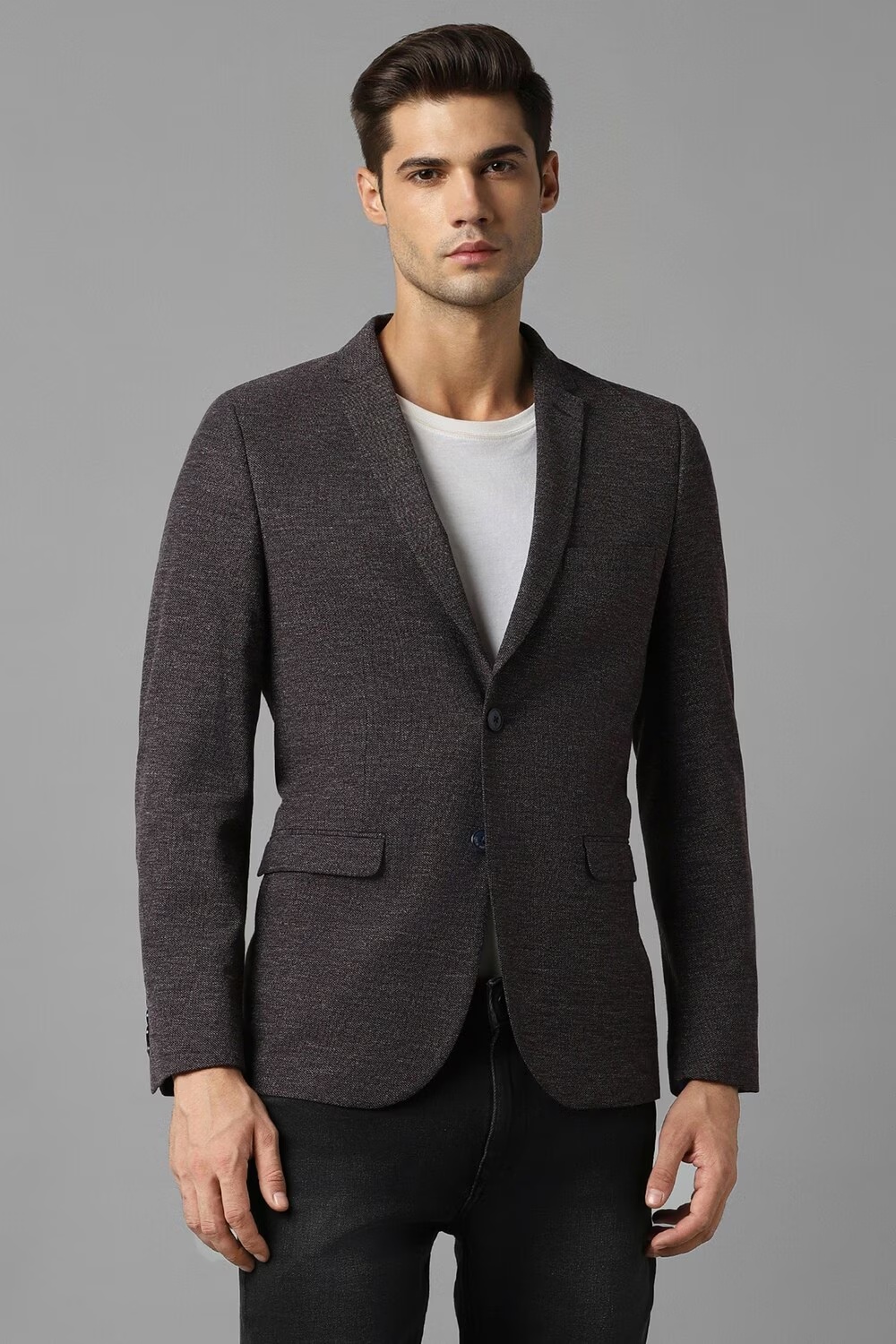 Men Grey Super Slim Fit Textured Casual Blazer-Grey