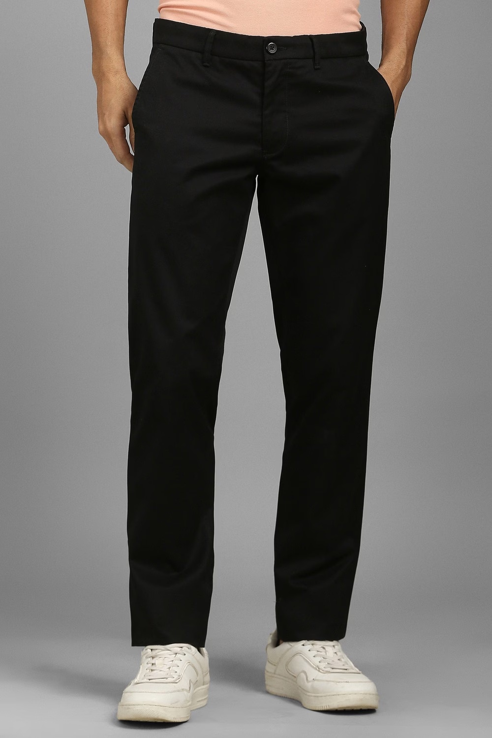 Men Black Solid Flat Front Casual Trousers-Black