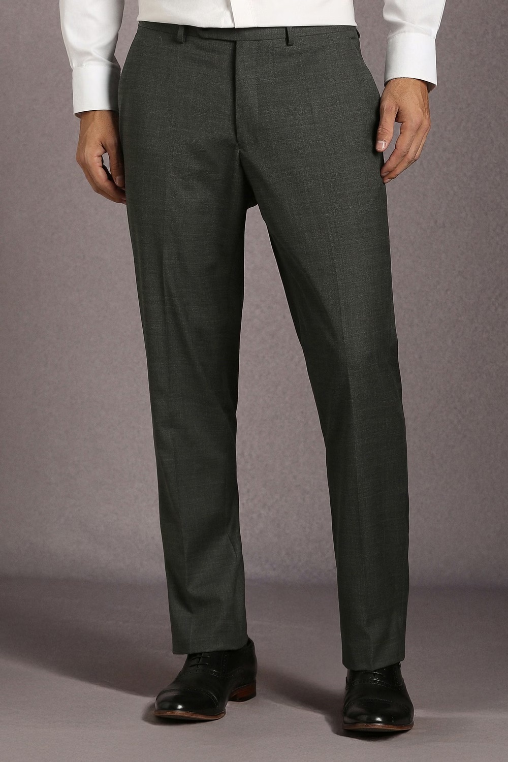 Men Grey Textured Flat Front Formal Trousers-Grey