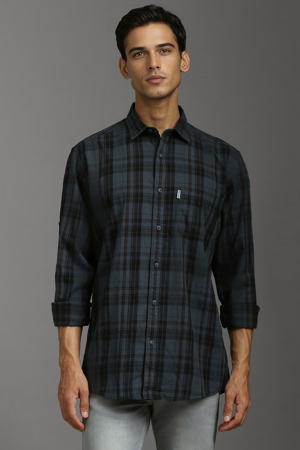 Men Grey Slim Fit Check Full Sleeves Casual Shirt-Grey