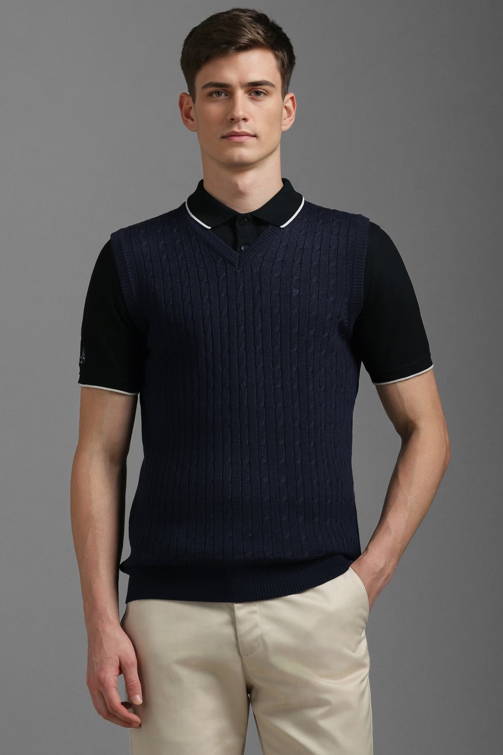 Men Navy Textured V Neck Sleeveless Sweater-Navy