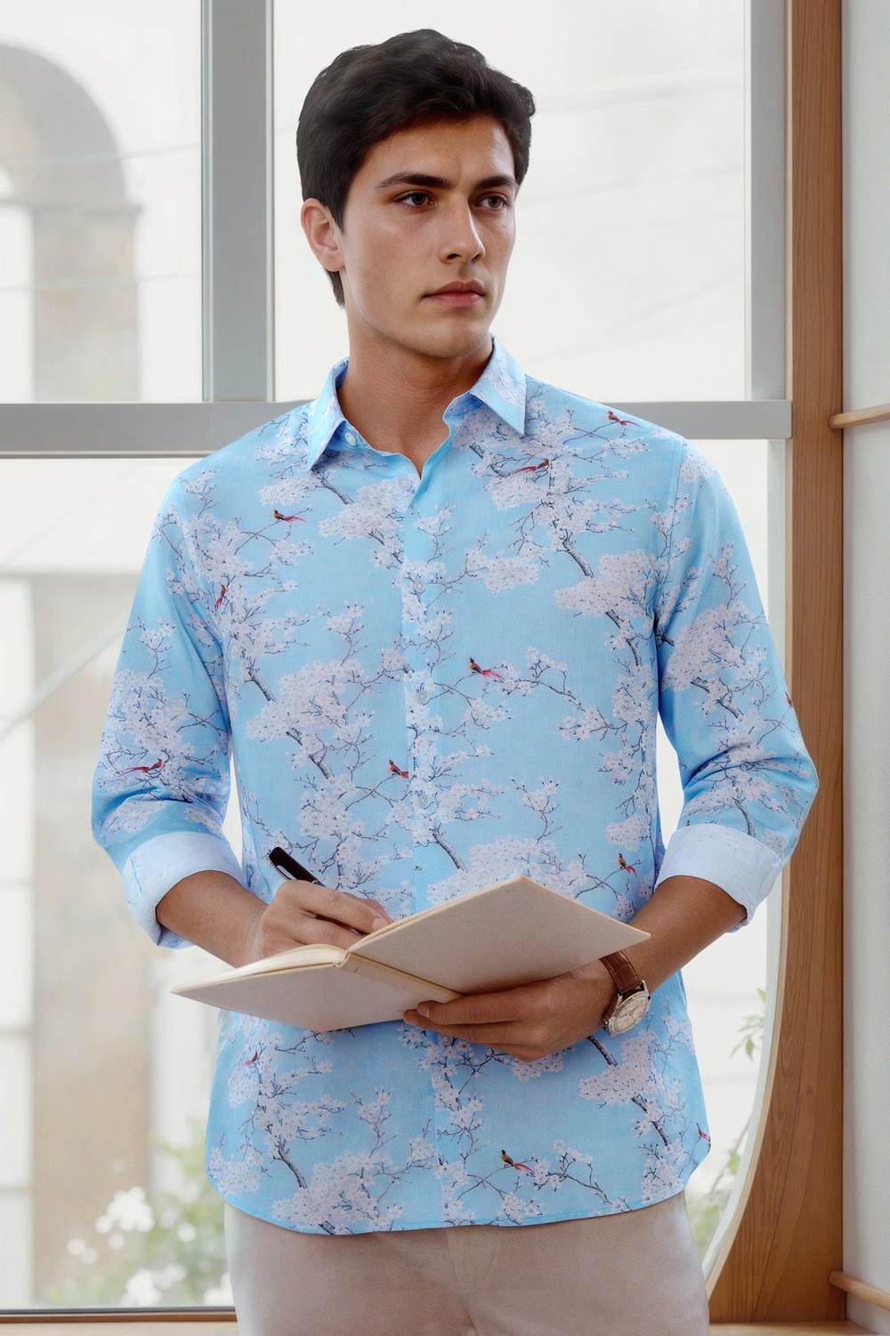 Men Blue Slim Fit Print Full Sleeves Formal Shirt-Blue