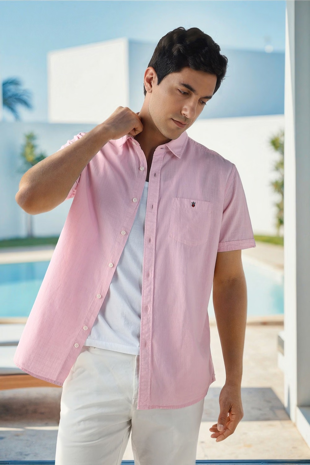 Men Pink Textured Half Sleeves Casual Shirt-Pink