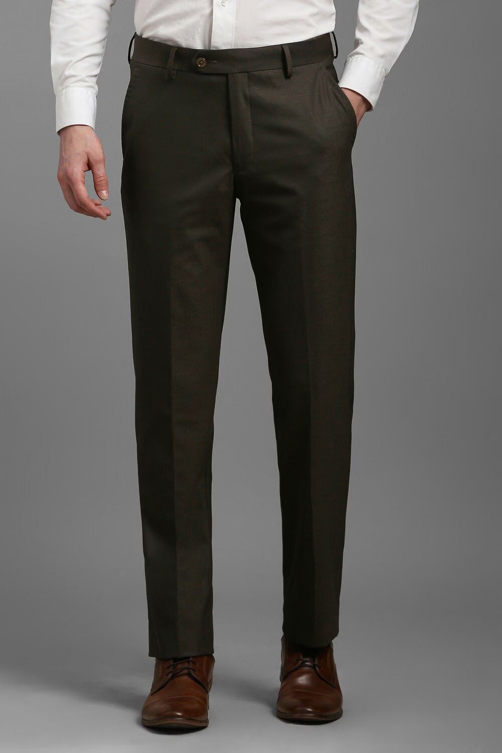 Men Brown Slim Fit Textured Flat Front Formal Trousers-Brown