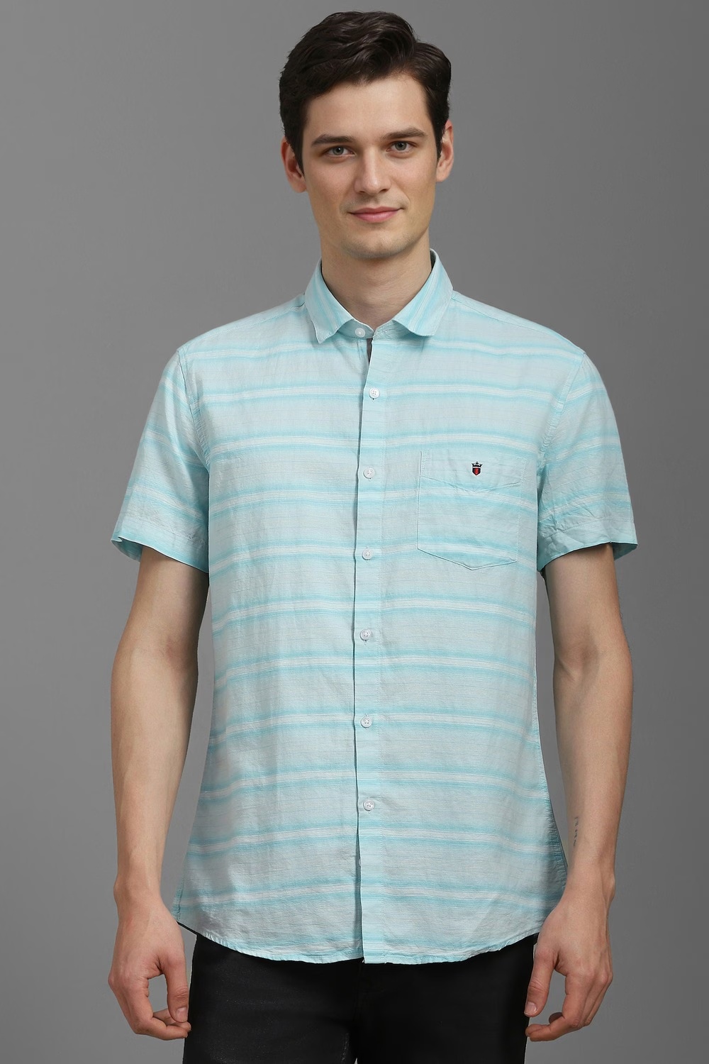 Men Light Blue Slim Fit Stripe Half Sleeves Casual Shirt-Light Blue