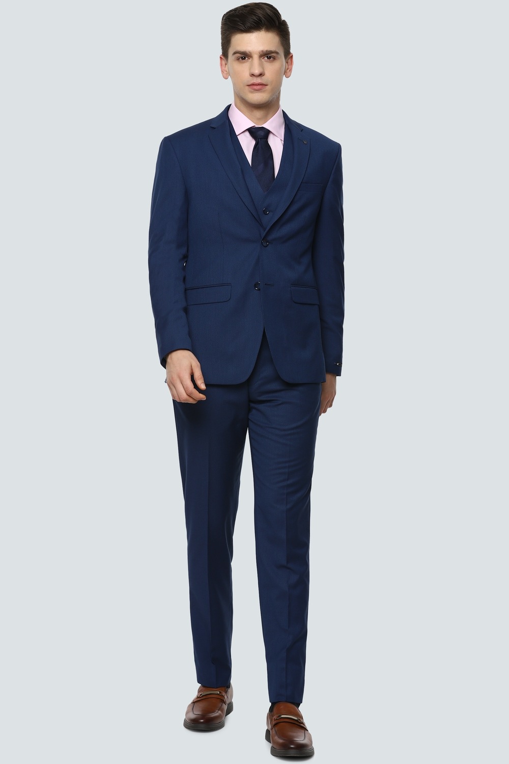 Men Navy Slim Fit Solid Formal Three Piece Suit-Navy