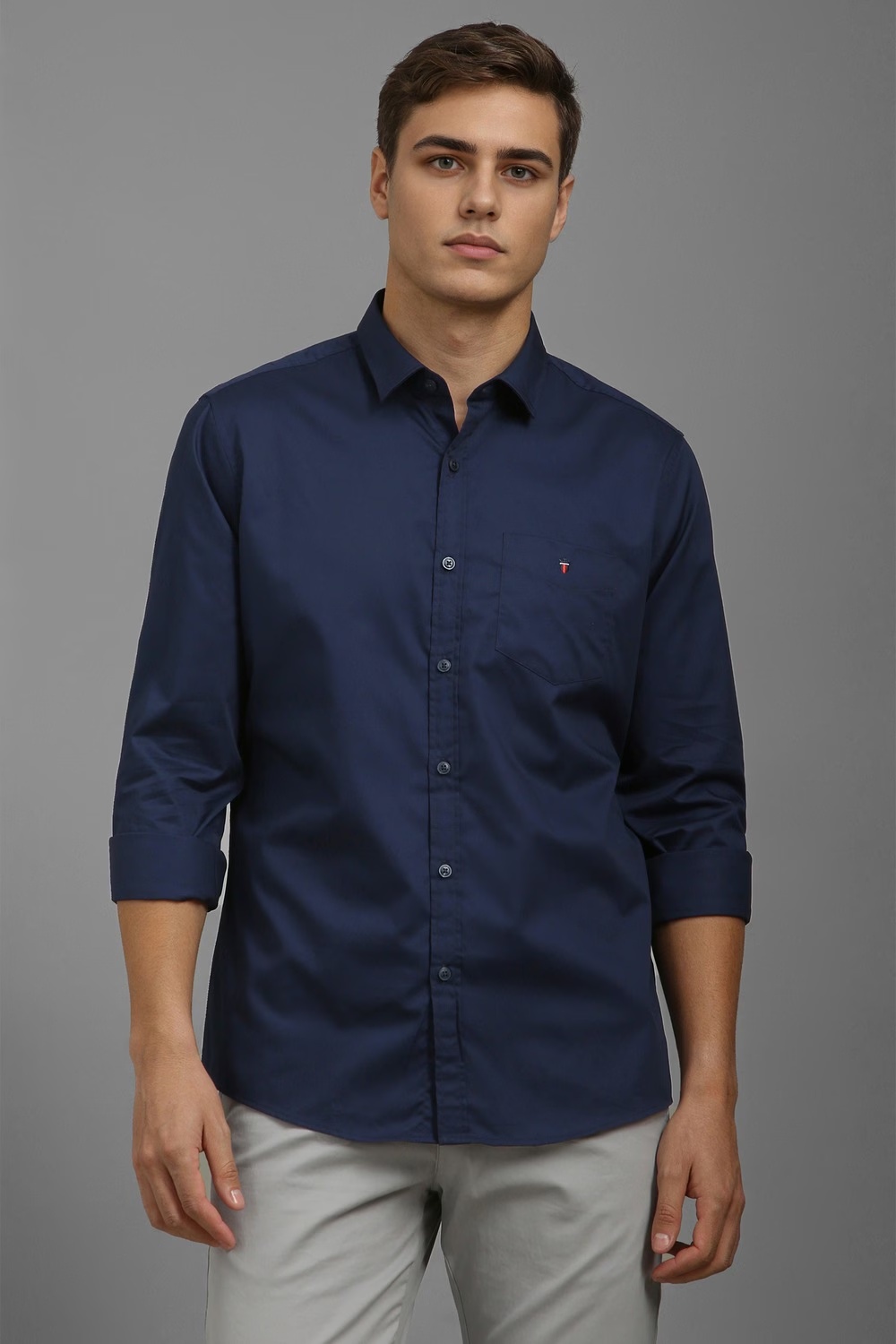 Men Navy Slim Fit Solid Full Sleeves Casual Shirt-Navy