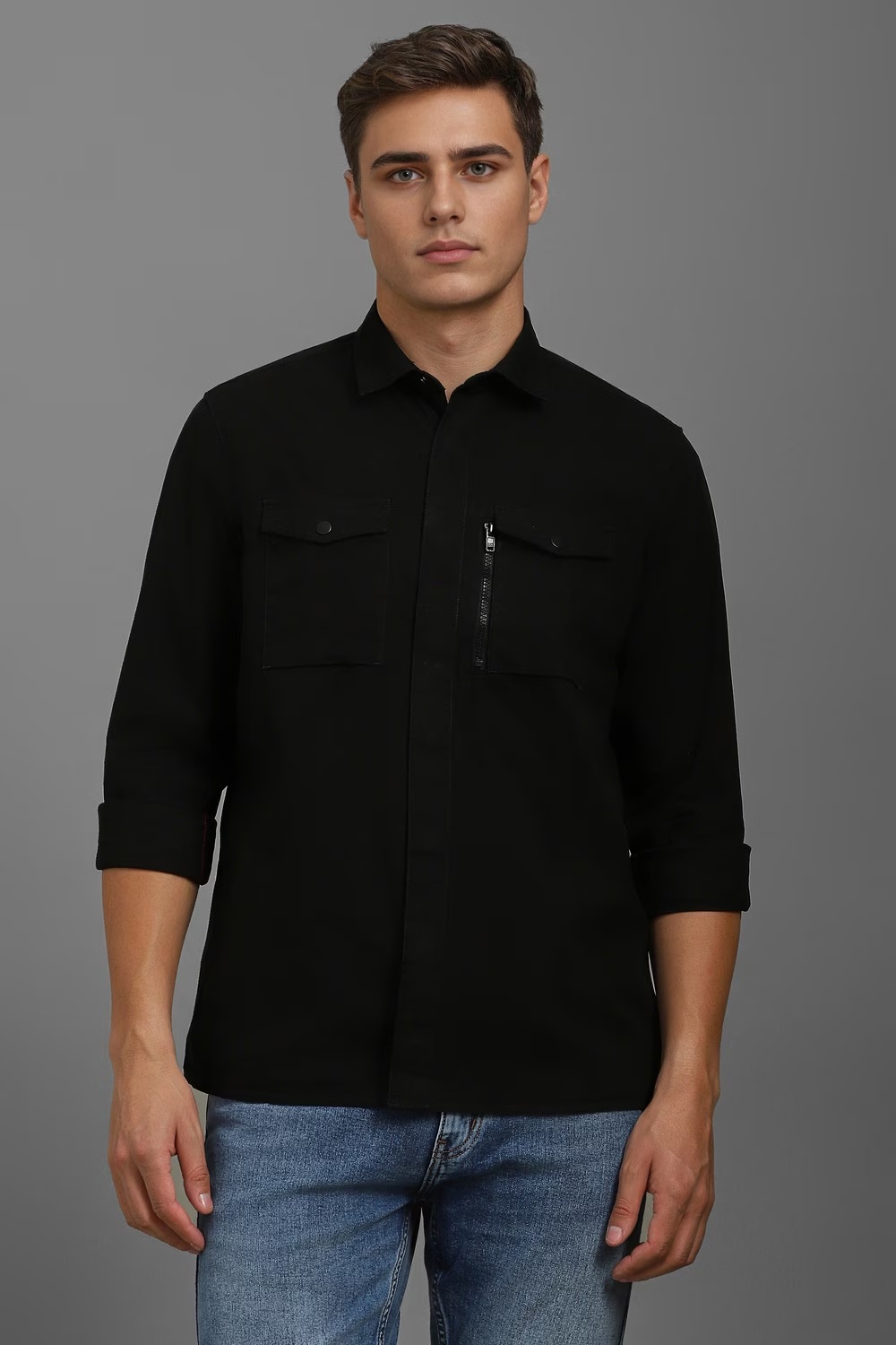 Men Black Slim Fit Solid Full Sleeves Casual Shirt-Black