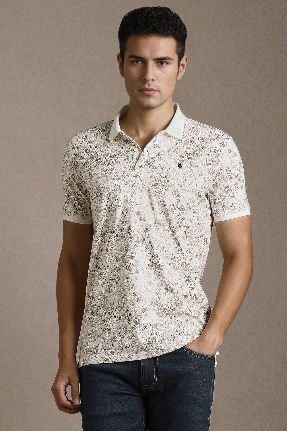 Men Beige Print Polo Neck T-shirt-Beige