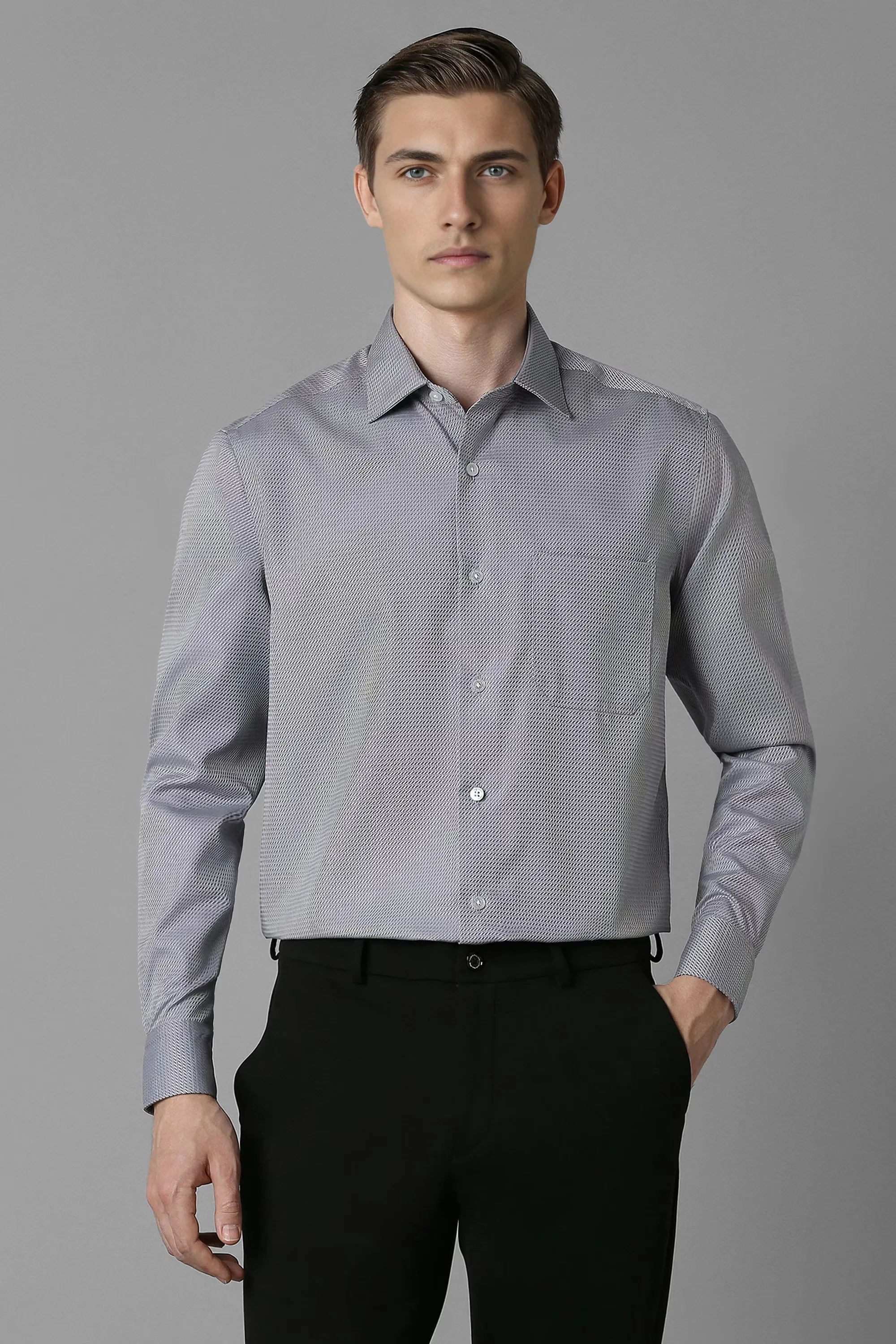 Men Grey Classic Fit Textured Full Sleeves Formal Shirt-Grey