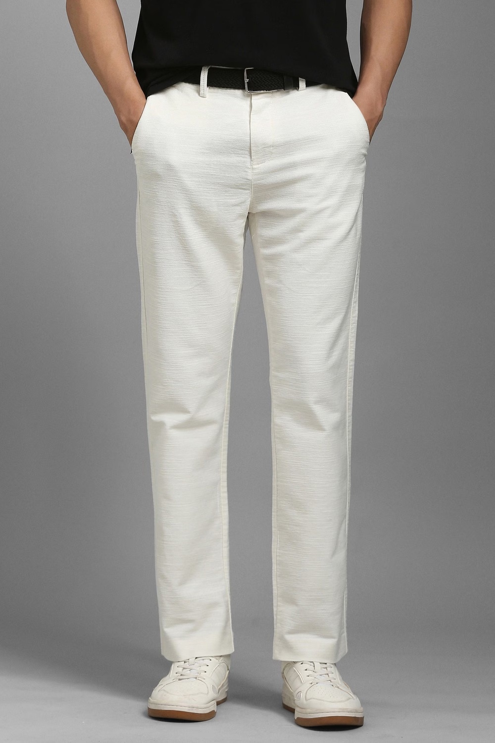Men White Textured Flat Front Casual Trousers-White