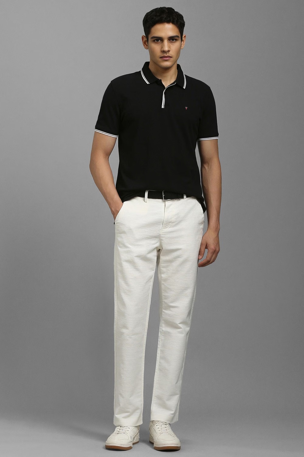 Men White Textured Flat Front Casual Trousers-White