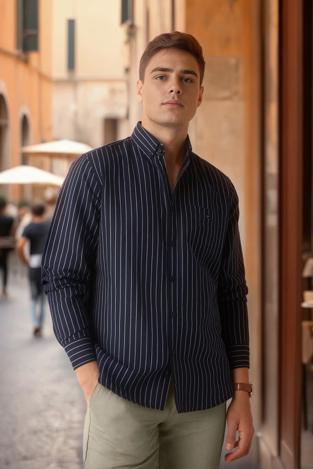 Men Navy Slim Fit Stripe Full Sleeves Casual Shirt-Navy