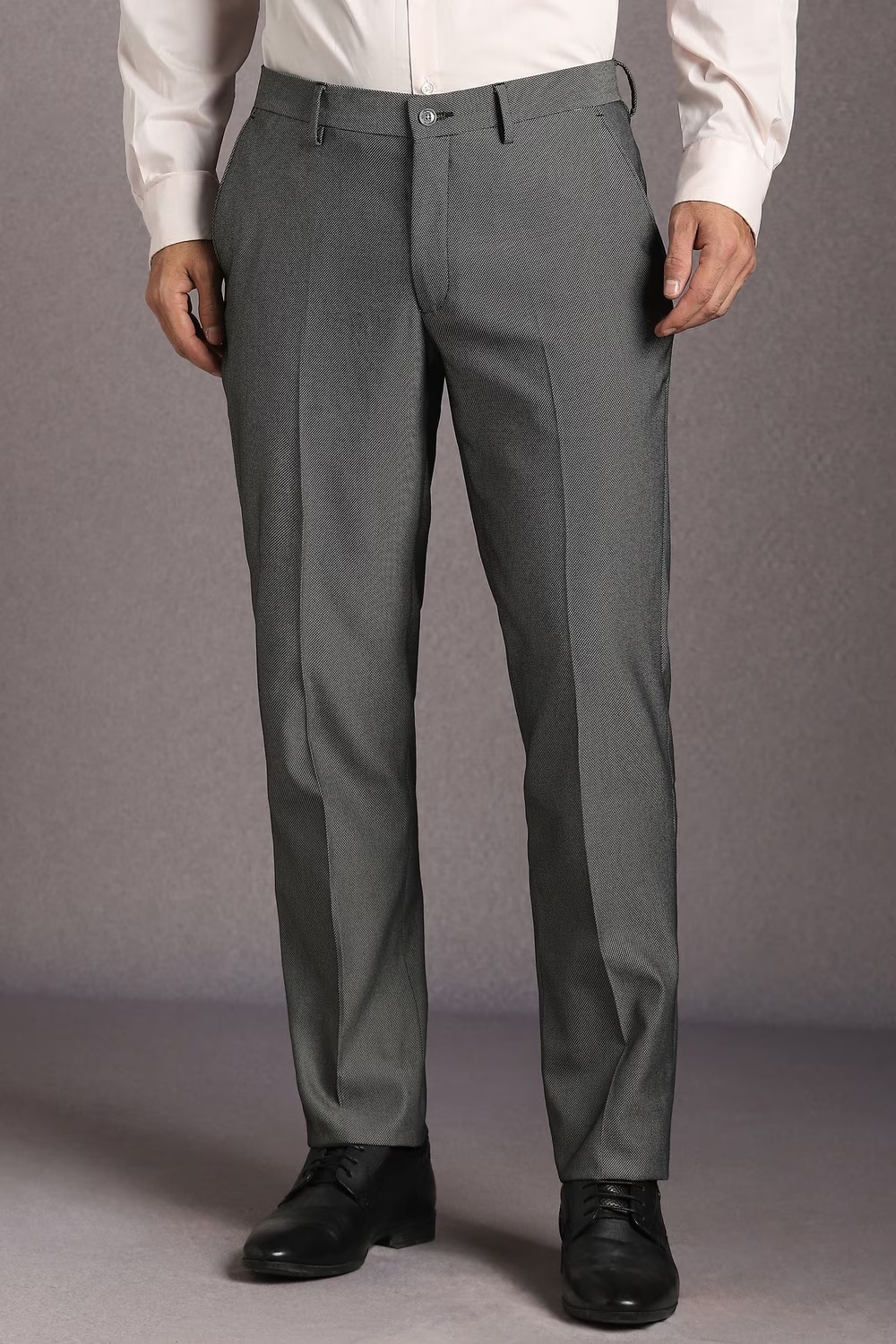 Men Grey Textured Flat Front Formal Trousers-Grey