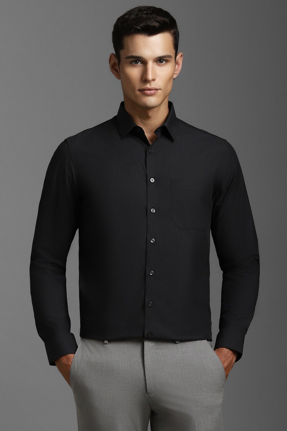 Men Black Slim Fit Solid Full Sleeves Formal Shirt-Black
