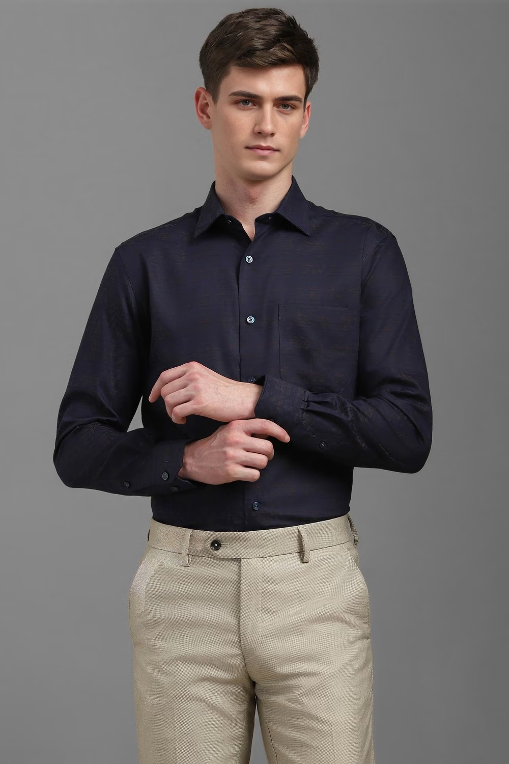 Men Navy Classic Fit Print Full Sleeves Formal Shirt-Navy
