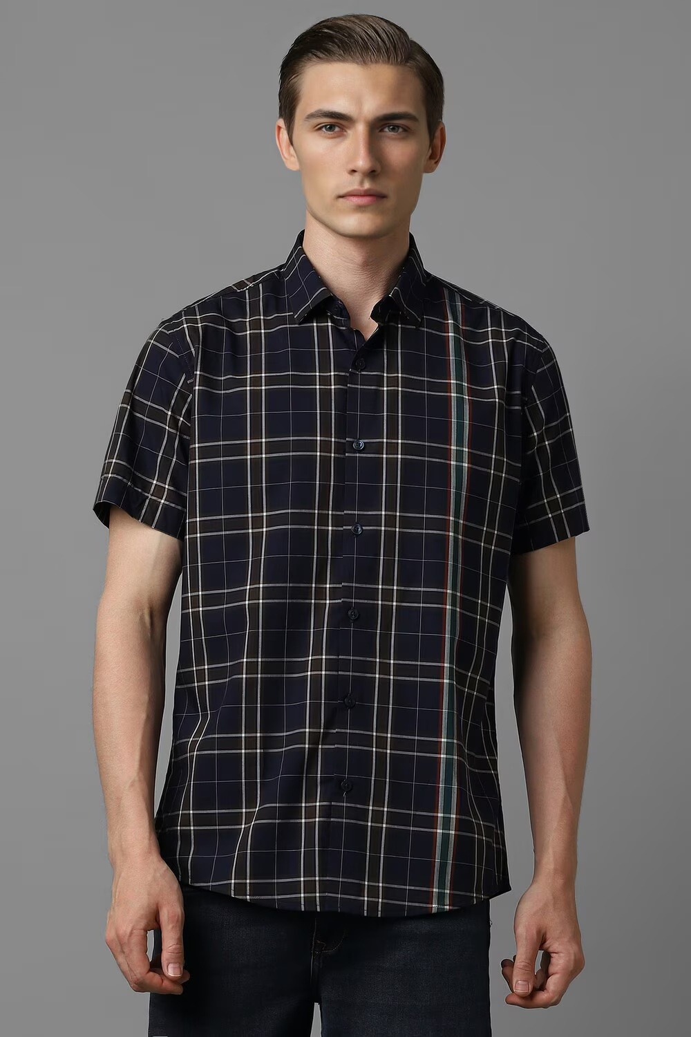 Men Navy Slim Fit Check Half Sleeves Casual Shirt-Navy